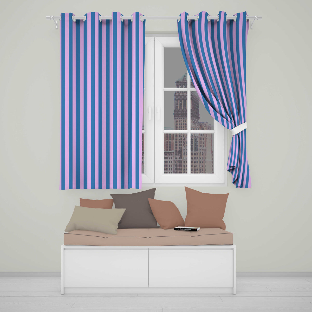 Wavy Blue and Pink Vertical Stripes Seamless Pattern  Readymade Eyelet Ring Top Thermal 100% Blackout Curtains