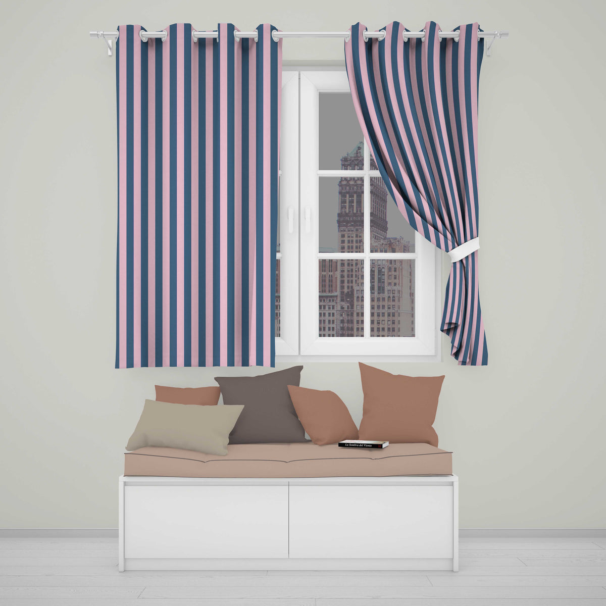 Wavy Navy Blue and Soft Pink Vertical Stripes Seamless Pattern  Readymade Eyelet Ring Top Thermal 100% Blackout Curtains