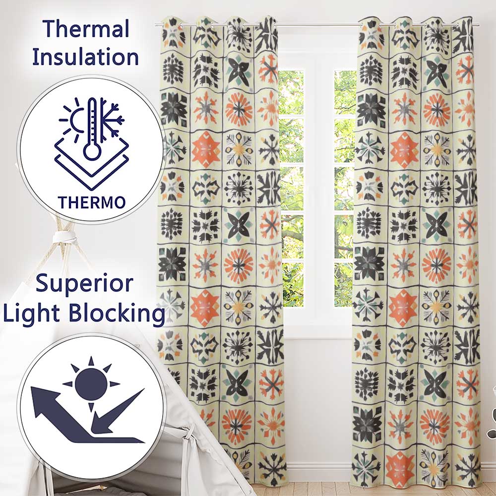 Abstract Geometric Floral Tile Motif Seamless Pattern  Readymade Eyelet Ring Top Thermal 100% Blackout Curtains