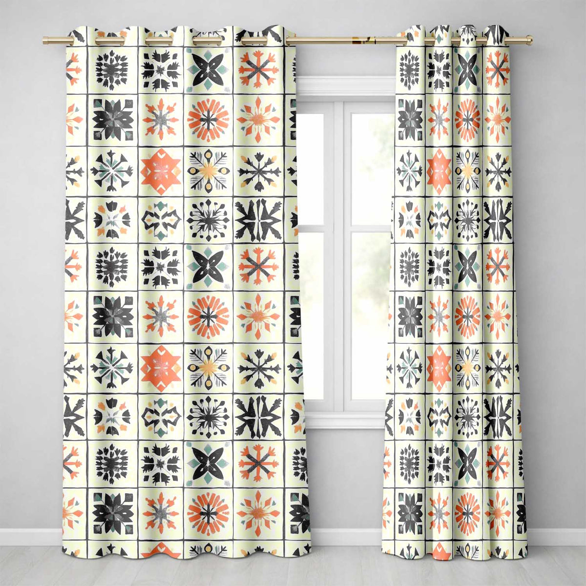 Abstract Geometric Floral Tile Motif Seamless Pattern  Readymade Eyelet Ring Top Thermal 100% Blackout Curtains