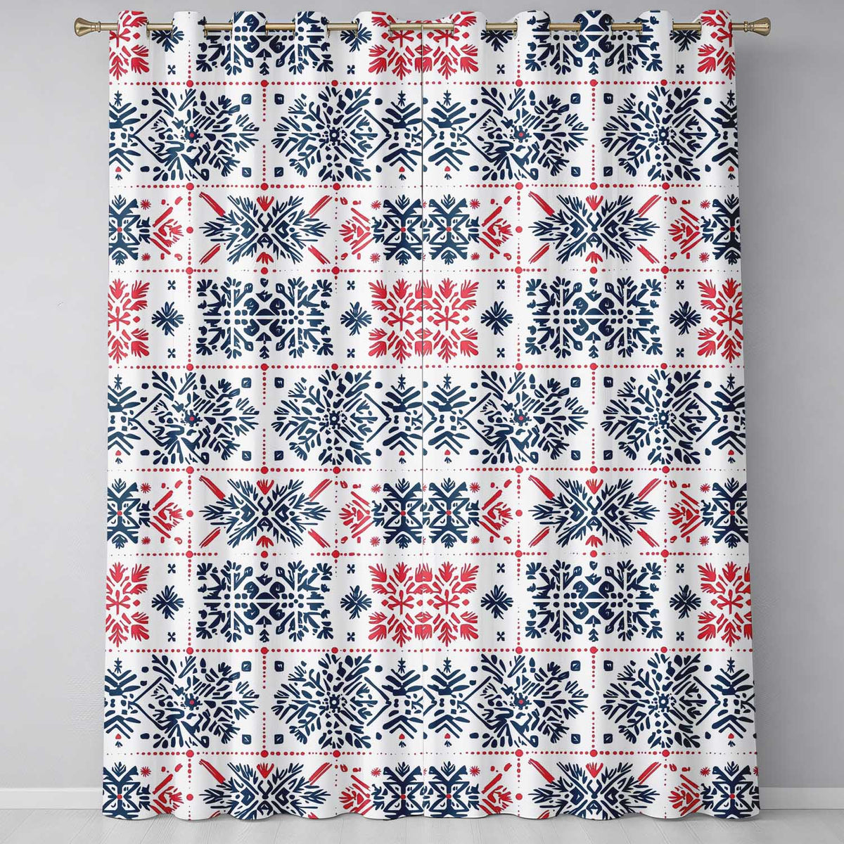 Folk Art Blue and Red Floral Symmetry Seamless Pattern  Readymade Eyelet Ring Top Thermal 100% Blackout Curtains
