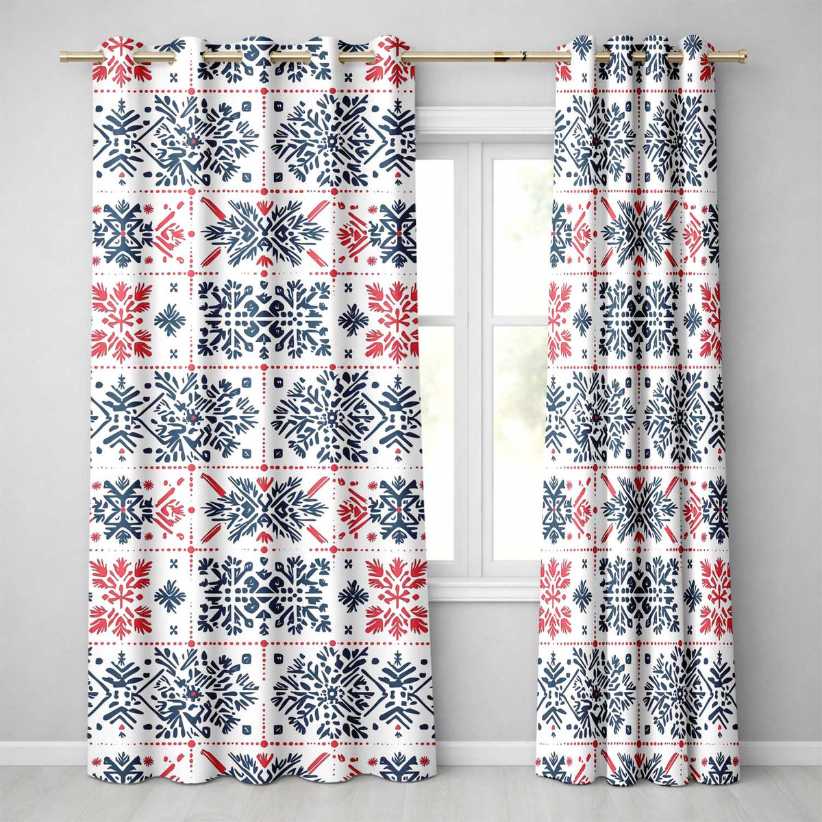 Folk Art Blue and Red Floral Symmetry Seamless Pattern  Readymade Eyelet Ring Top Thermal 100% Blackout Curtains