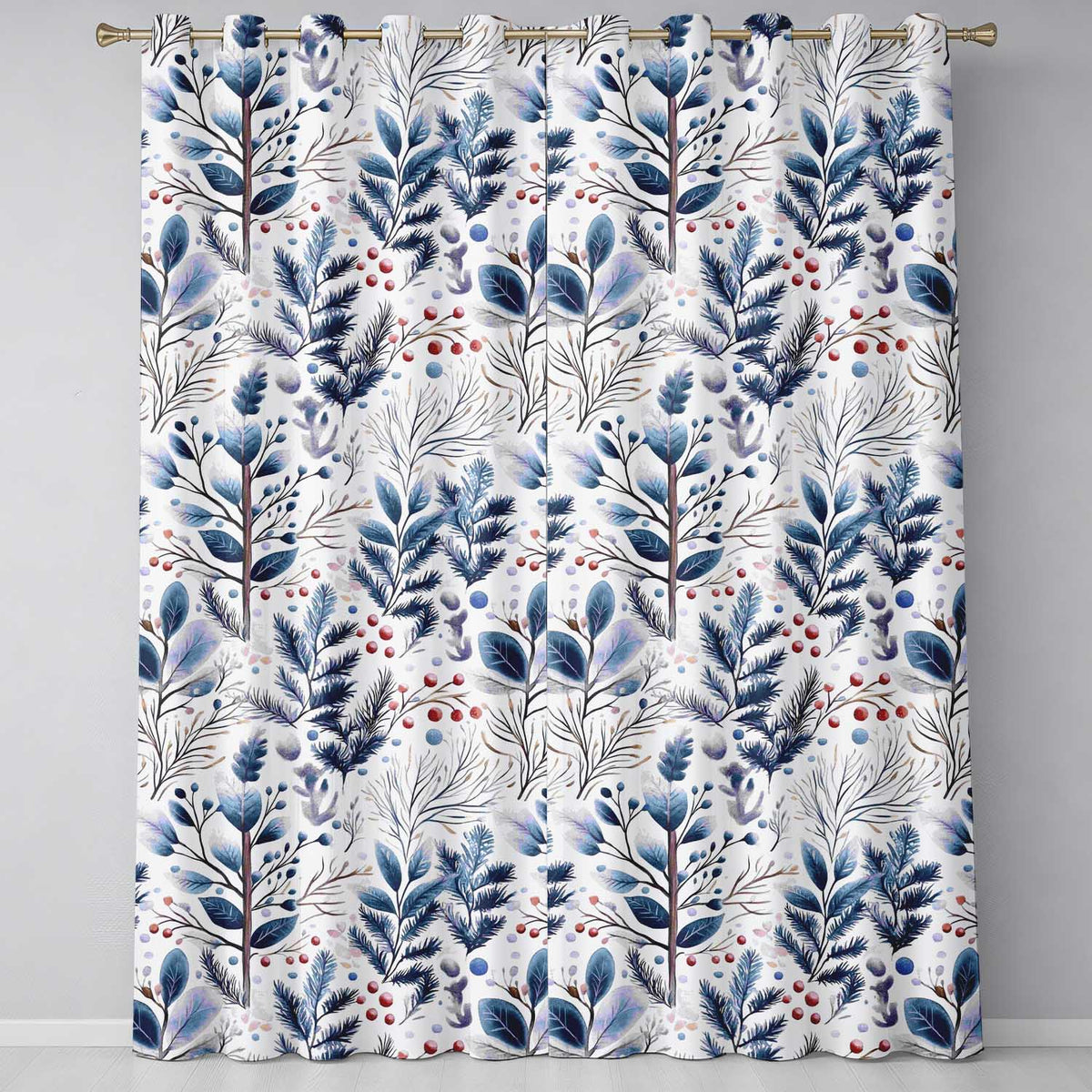 Winter Botanical Leaves and Berries Seamless Pattern  Readymade Eyelet Ring Top Thermal 100% Blackout Curtains