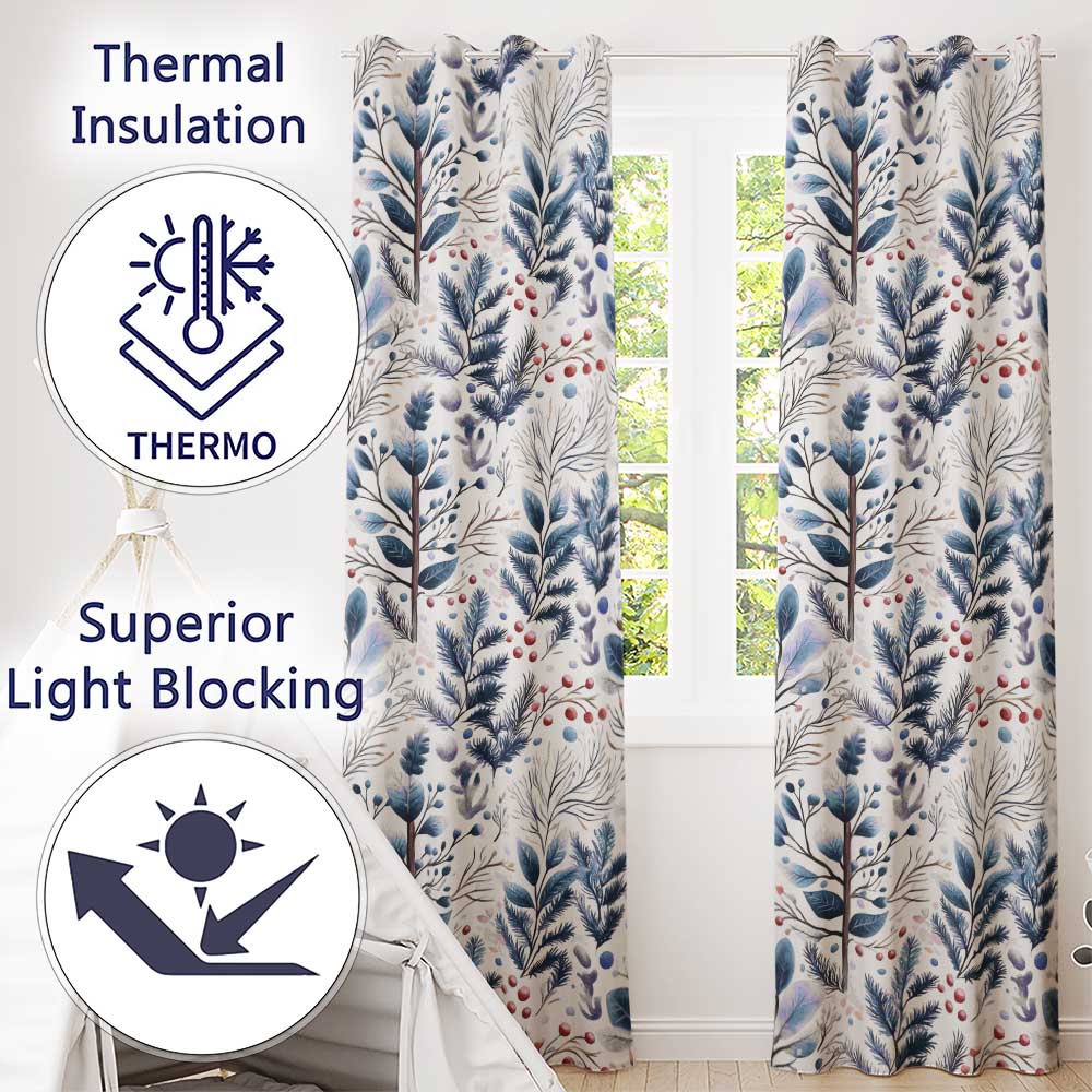 Winter Botanical Leaves and Berries Seamless Pattern  Readymade Eyelet Ring Top Thermal 100% Blackout Curtains