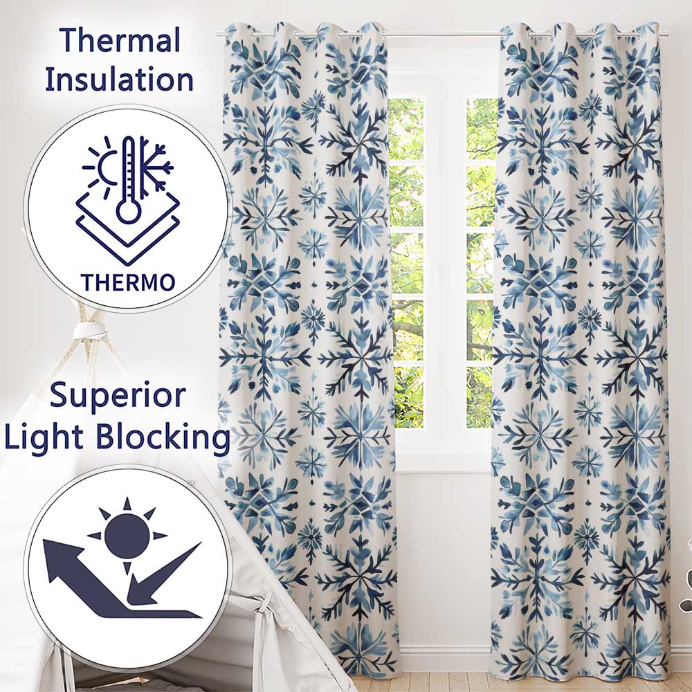 Blue Watercolor Snowflake Botanical Seamless Pattern  Readymade Eyelet Ring Top Thermal 100% Blackout Curtains