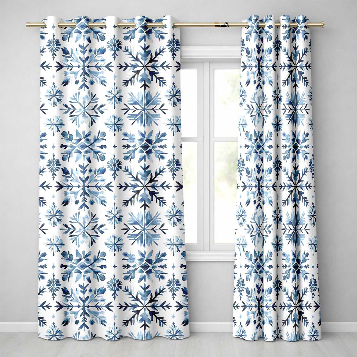 Blue Watercolor Snowflake Botanical Seamless Pattern  Readymade Eyelet Ring Top Thermal 100% Blackout Curtains