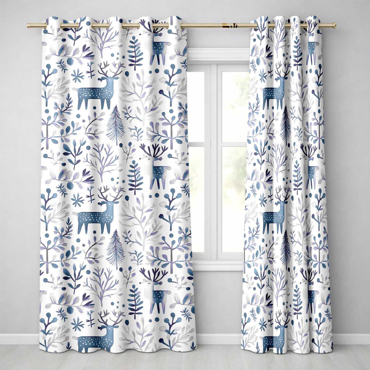 Minimal Nordic Deer Botanical Blue Grey Seamless Pattern  Readymade Eyelet Ring Top Thermal 100% Blackout Curtains