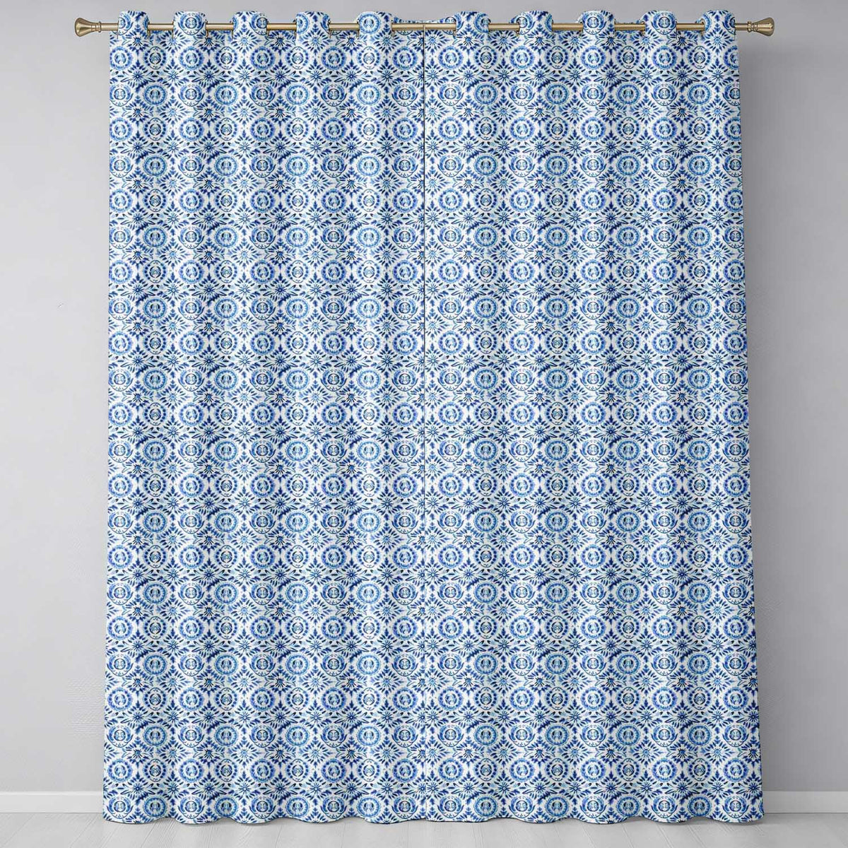Blue Folk Art Ornamental Seamless Pattern  Readymade Eyelet Ring Top Thermal 100% Blackout Curtains