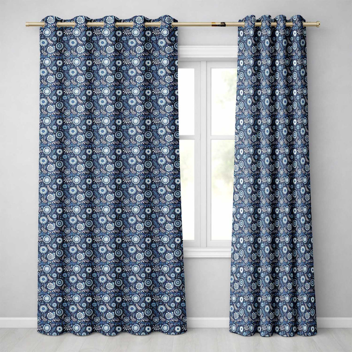 Navy Blue Floral Meadow Botanical Seamless Pattern  Readymade Eyelet Ring Top Thermal 100% Blackout Curtains