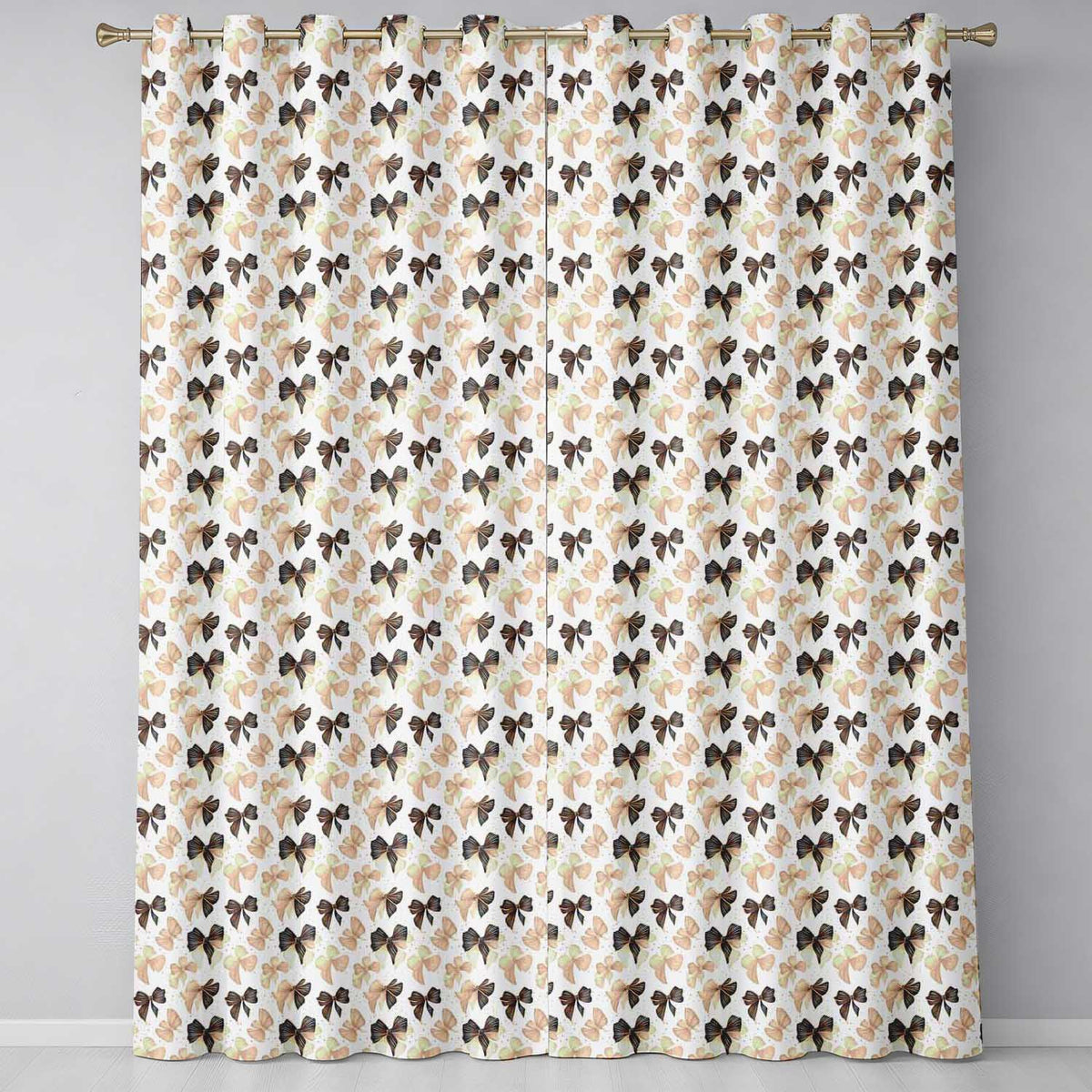 Elegant Neutral Bow Pattern in Beige and Brown Tones Seamless  Readymade Eyelet Ring Top Thermal 100% Blackout Curtains