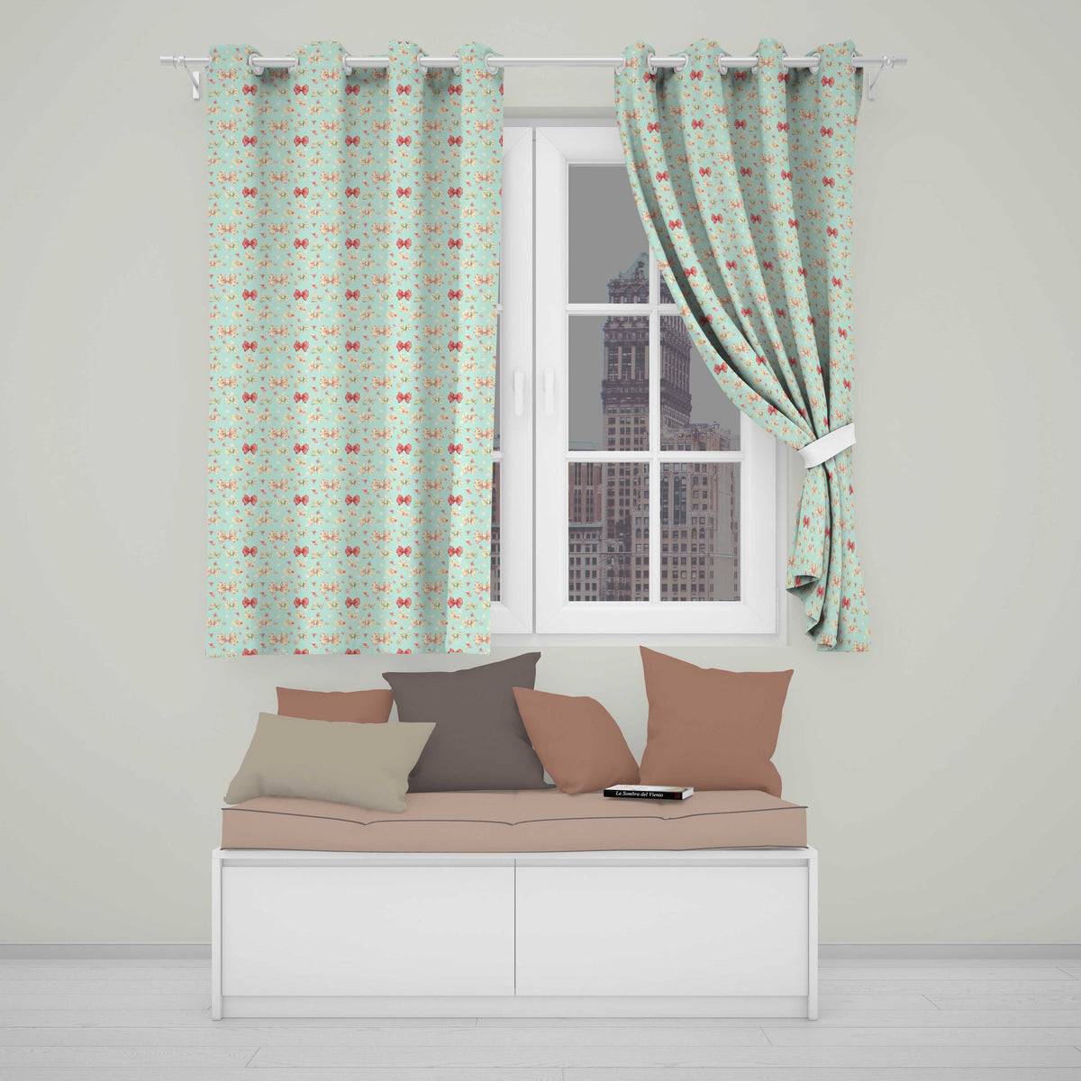 Cute Floral Bow Pattern on Light Blue Background Seamless  Readymade Eyelet Ring Top Thermal 100% Blackout Curtains