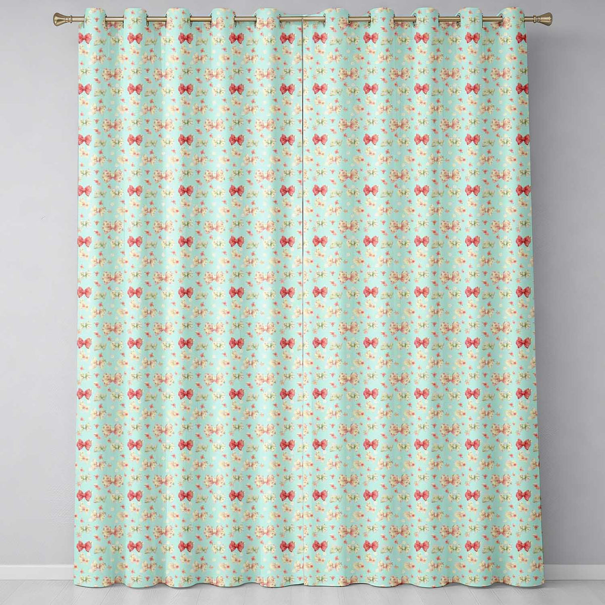 Cute Floral Bow Pattern on Light Blue Background Seamless  Readymade Eyelet Ring Top Thermal 100% Blackout Curtains