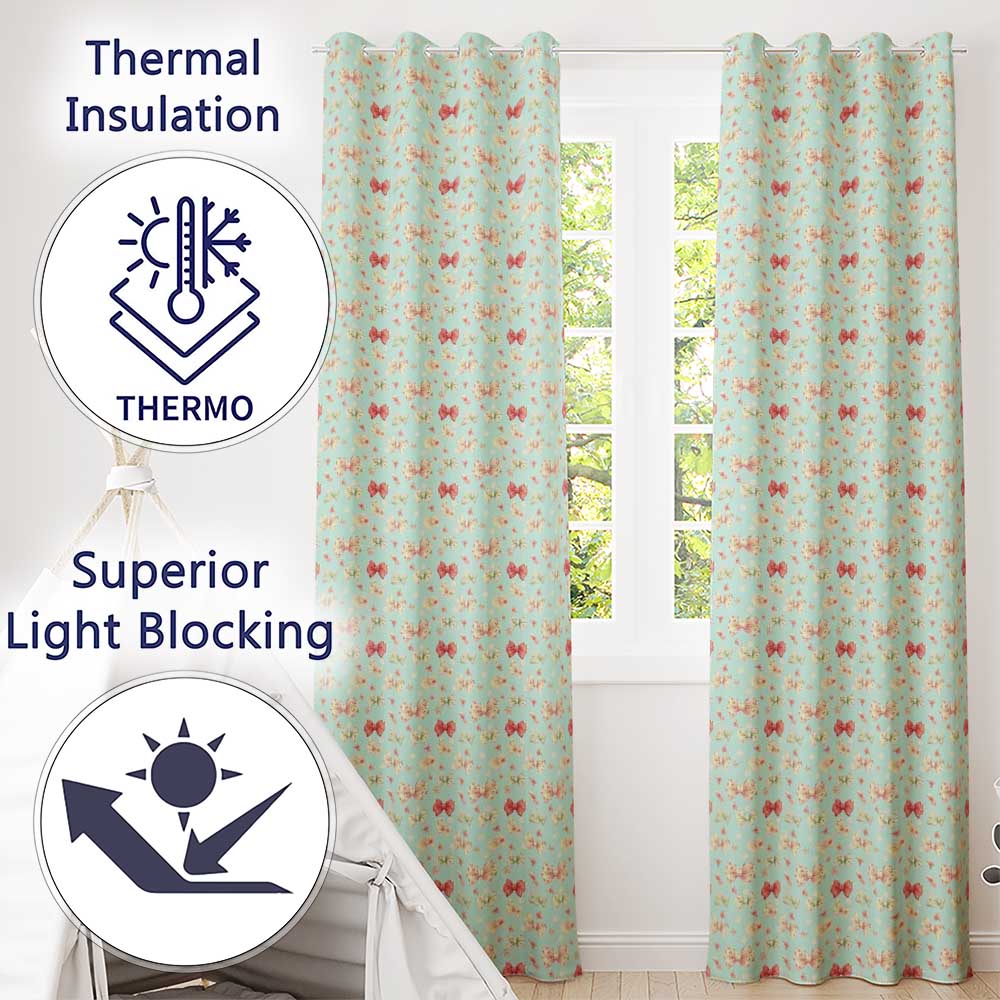 Cute Floral Bow Pattern on Light Blue Background Seamless  Readymade Eyelet Ring Top Thermal 100% Blackout Curtains