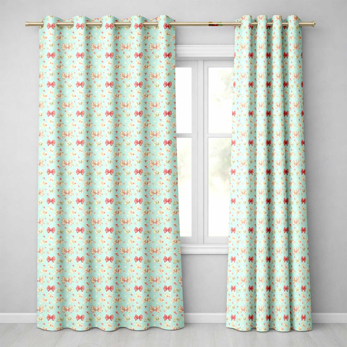 Cute Floral Bow Pattern on Light Blue Background Seamless  Readymade Eyelet Ring Top Thermal 100% Blackout Curtains