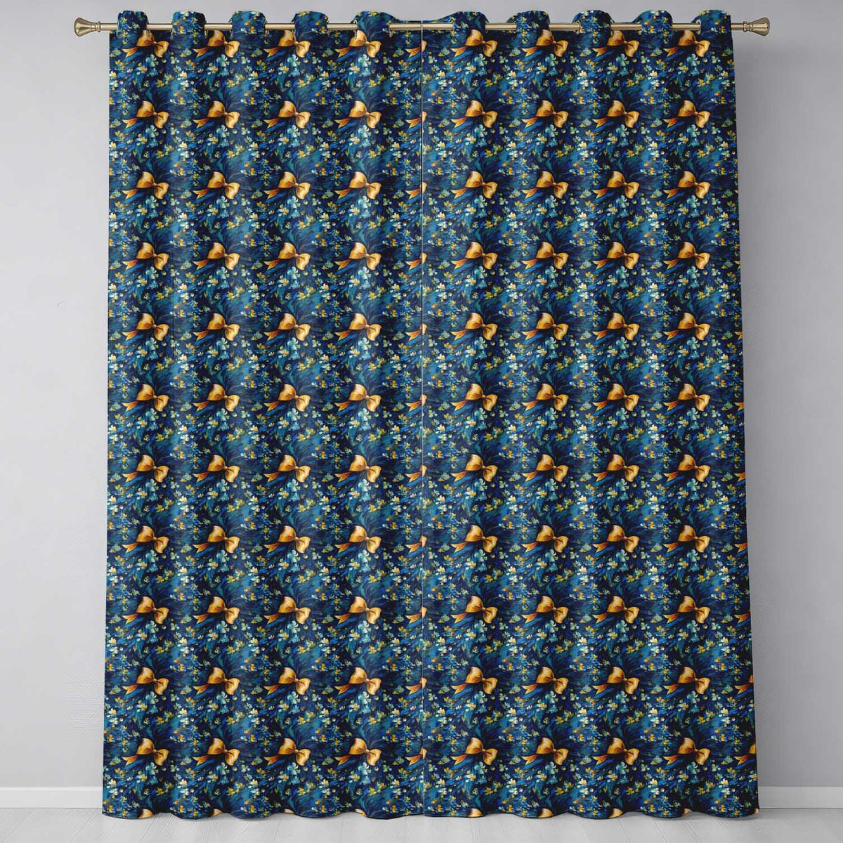 Elegant Blue Floral Swirl Pattern with Golden Bows Seamless Design  Readymade Eyelet Ring Top Thermal 100% Blackout Curtains