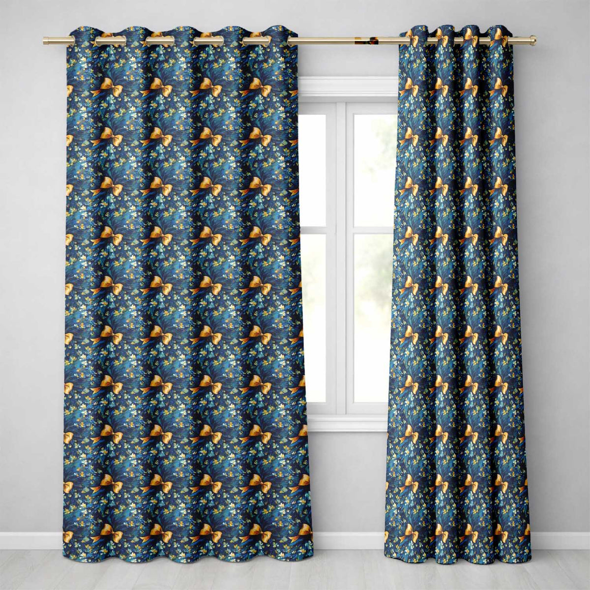 Elegant Blue Floral Swirl Pattern with Golden Bows Seamless Design  Readymade Eyelet Ring Top Thermal 100% Blackout Curtains