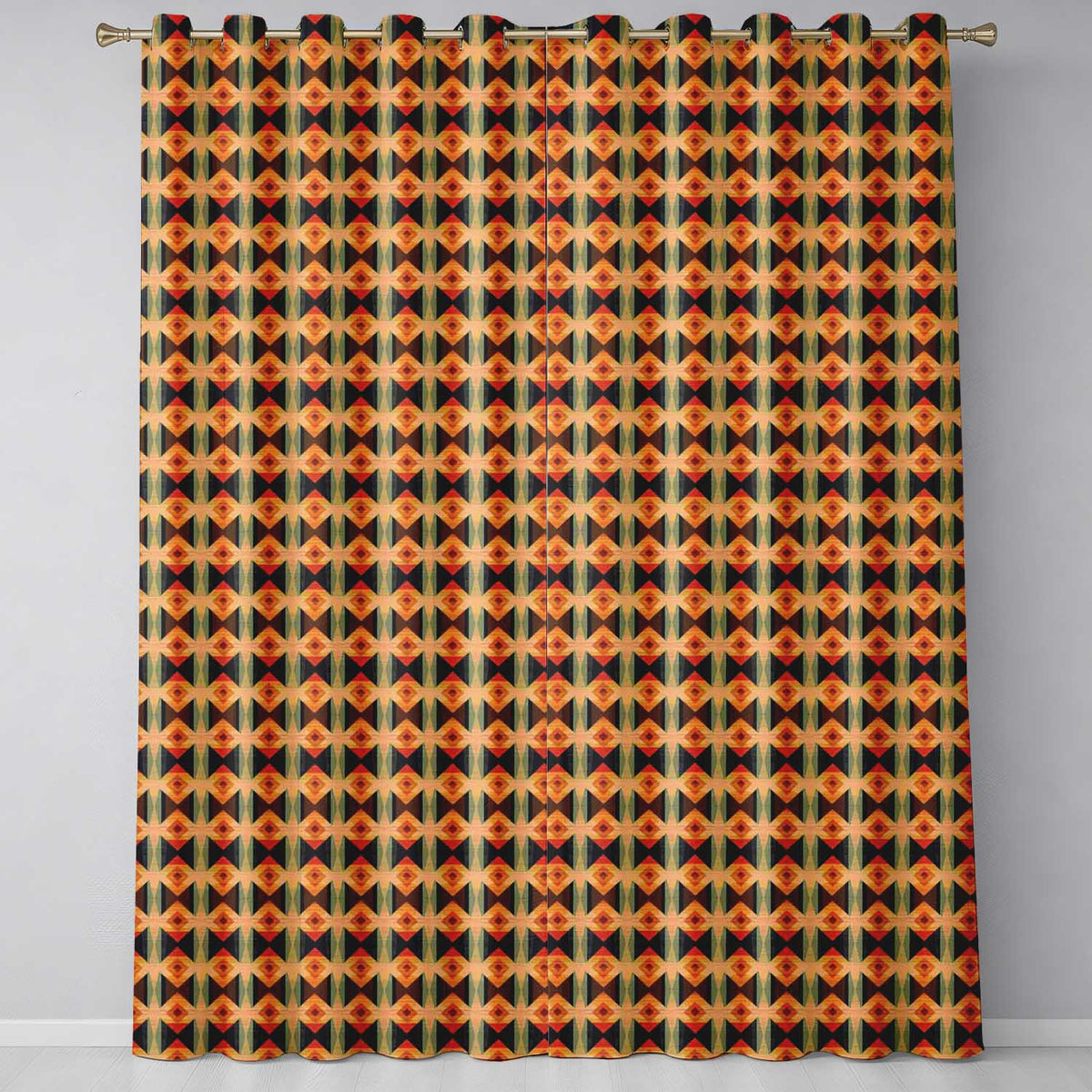 Geometric Diamond Pattern in Orange Brown and Green Seamless Design  Readymade Eyelet Ring Top Thermal 100% Blackout Curtains