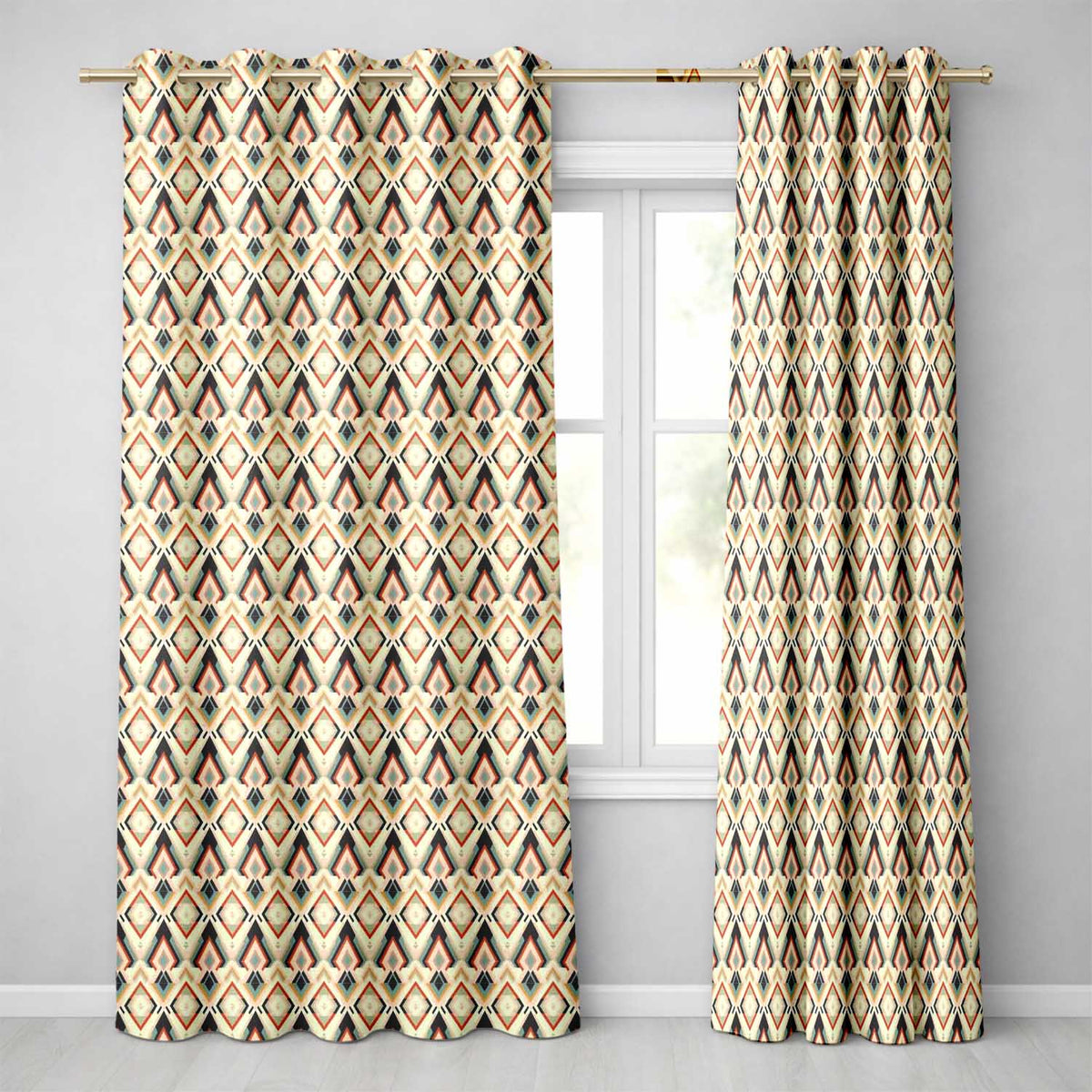 Geometric Diamond Pattern in Beige Orange and Teal Seamless Pattern  Readymade Eyelet Ring Top Thermal 100% Blackout Curtains