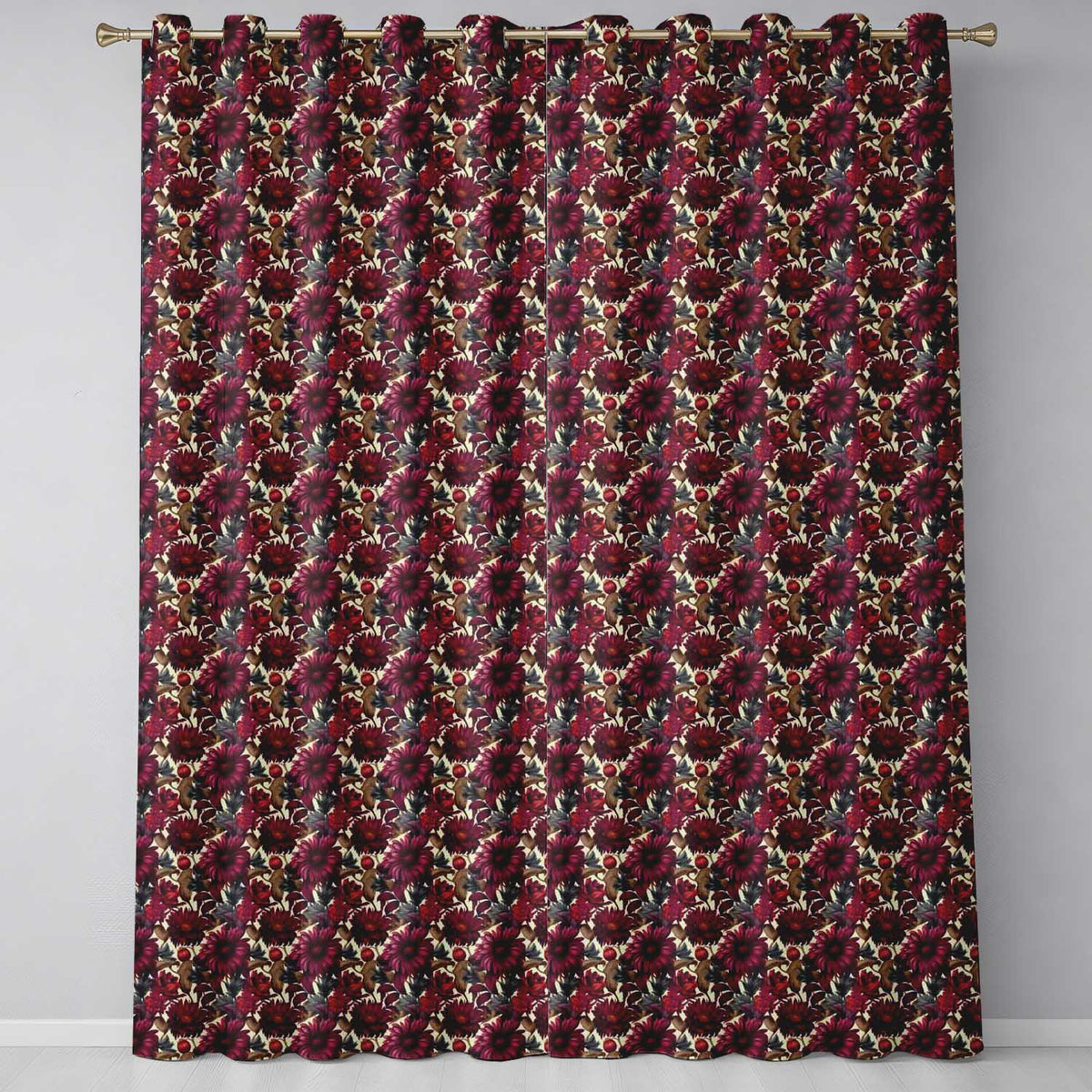 Bold Red Dahlia Floral Pattern with Neutral Leaves Seamless Pattern  Readymade Eyelet Ring Top Thermal 100% Blackout Curtains