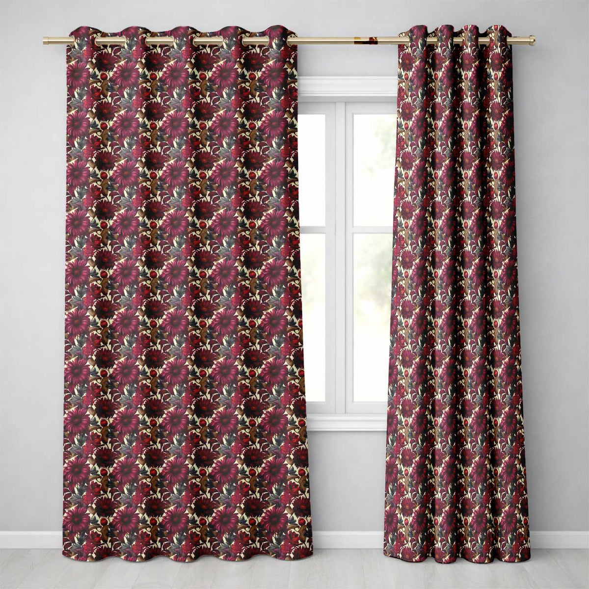 Bold Red Dahlia Floral Pattern with Neutral Leaves Seamless Pattern  Readymade Eyelet Ring Top Thermal 100% Blackout Curtains