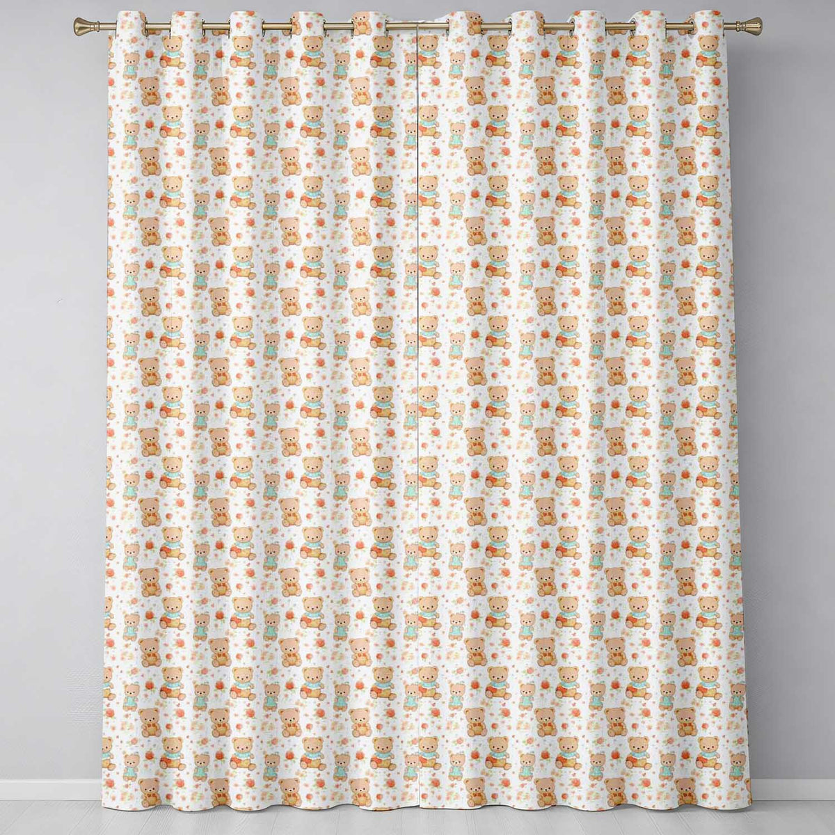 Cute Teddy Bears with Roses and Vintage Floral Background Seamless Pattern  Readymade Eyelet Ring Top Thermal 100% Blackout Curtains