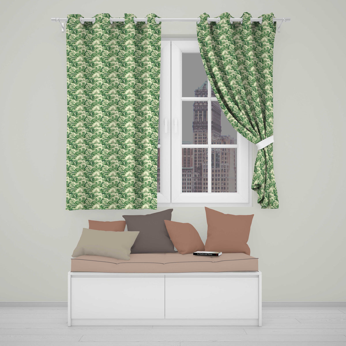 Traditional Green Toile Woodland Estate Scenic Nature Seamless Pattern  Readymade Eyelet Ring Top Thermal 100% Blackout Curtains