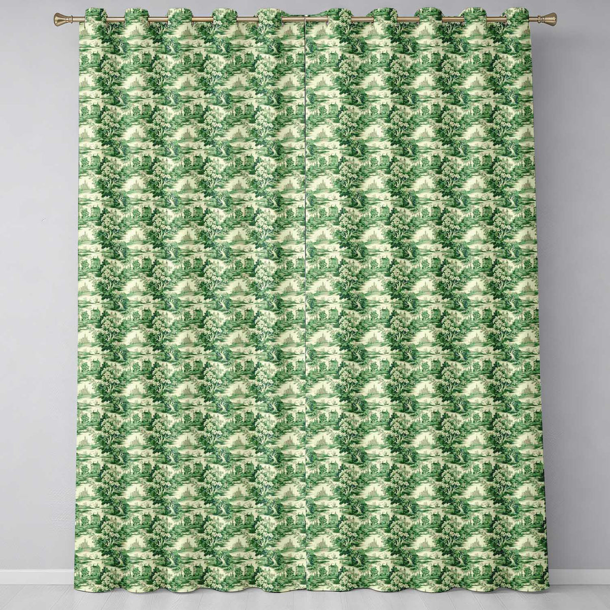Traditional Green Toile Woodland Estate Scenic Nature Seamless Pattern  Readymade Eyelet Ring Top Thermal 100% Blackout Curtains
