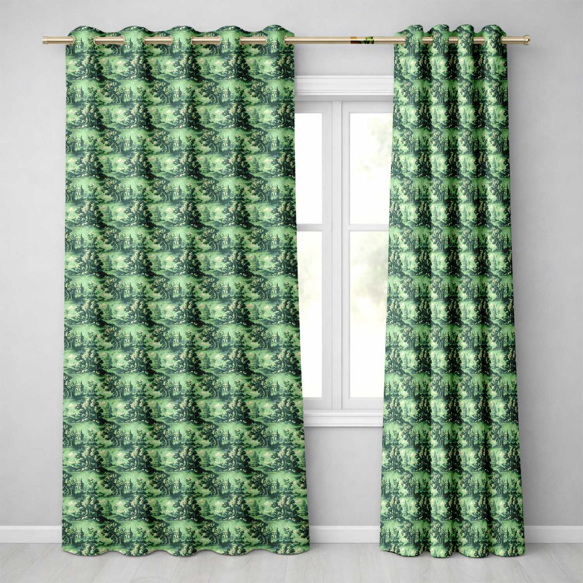 Detailed Floral Garden with Palace Scenic Toile Seamless Pattern  Readymade Eyelet Ring Top Thermal 100% Blackout Curtains