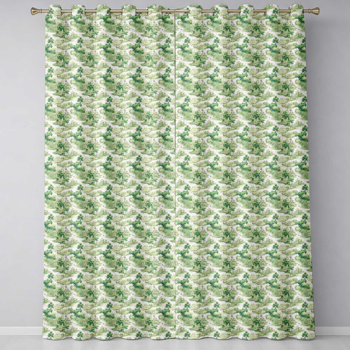 Soft Green Countryside River Village Scenic Toile Seamless Pattern  Readymade Eyelet Ring Top Thermal 100% Blackout Curtains