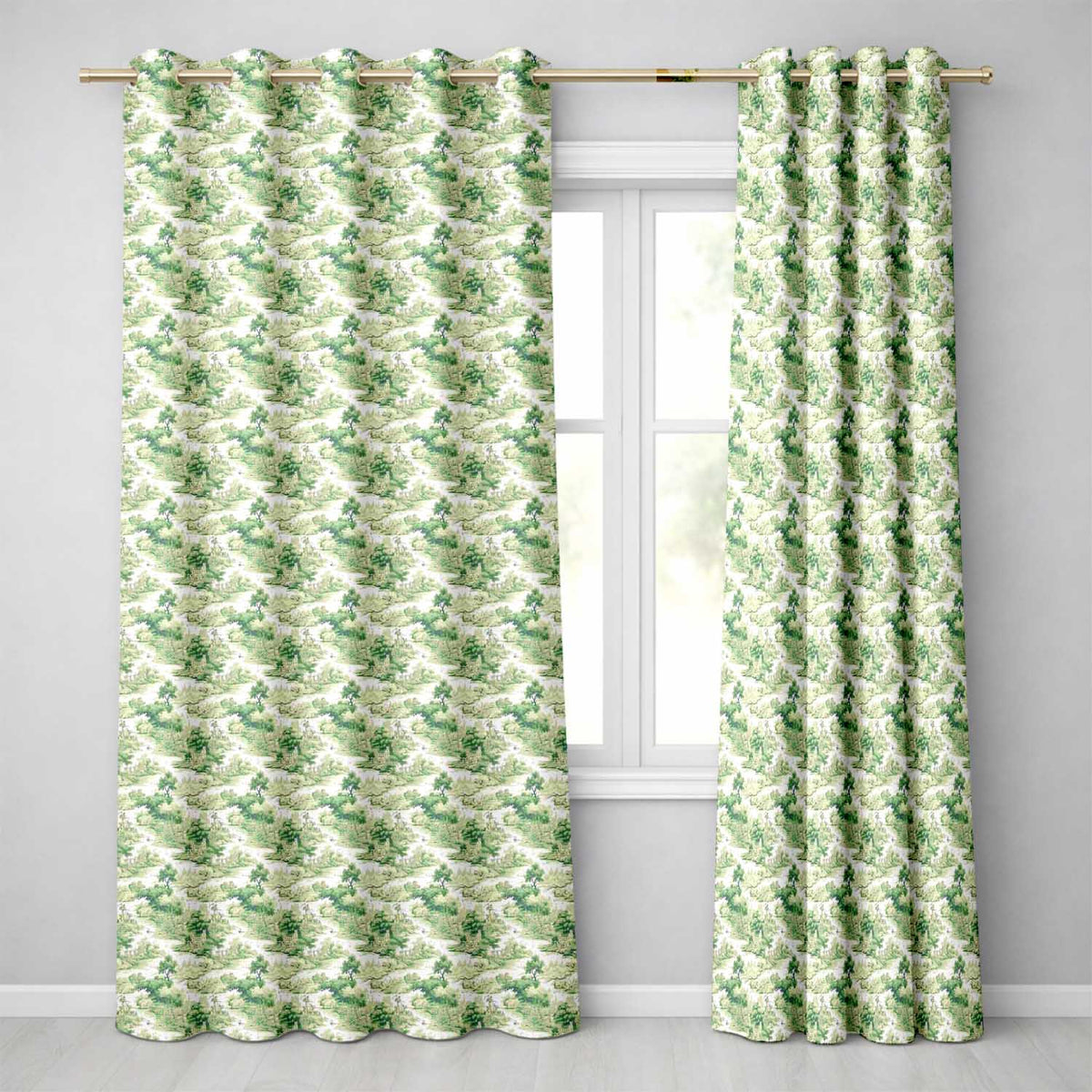 Soft Green Countryside River Village Scenic Toile Seamless Pattern  Readymade Eyelet Ring Top Thermal 100% Blackout Curtains