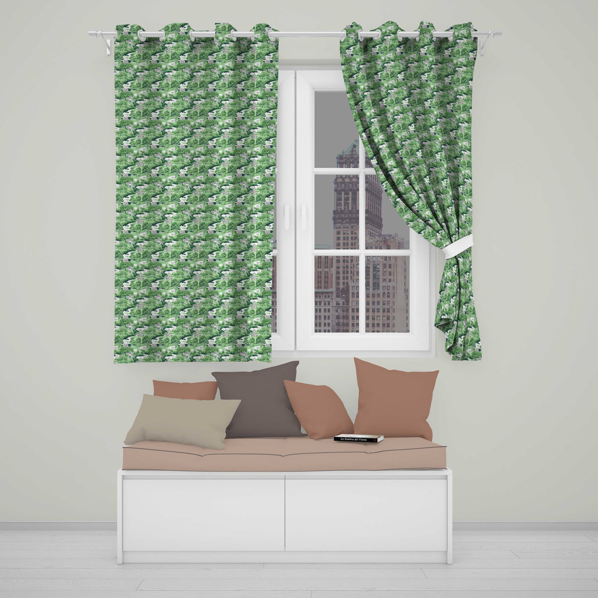 Bright Green Pastoral Hillside Village Scenic Toile Seamless Pattern  Readymade Eyelet Ring Top Thermal 100% Blackout Curtains