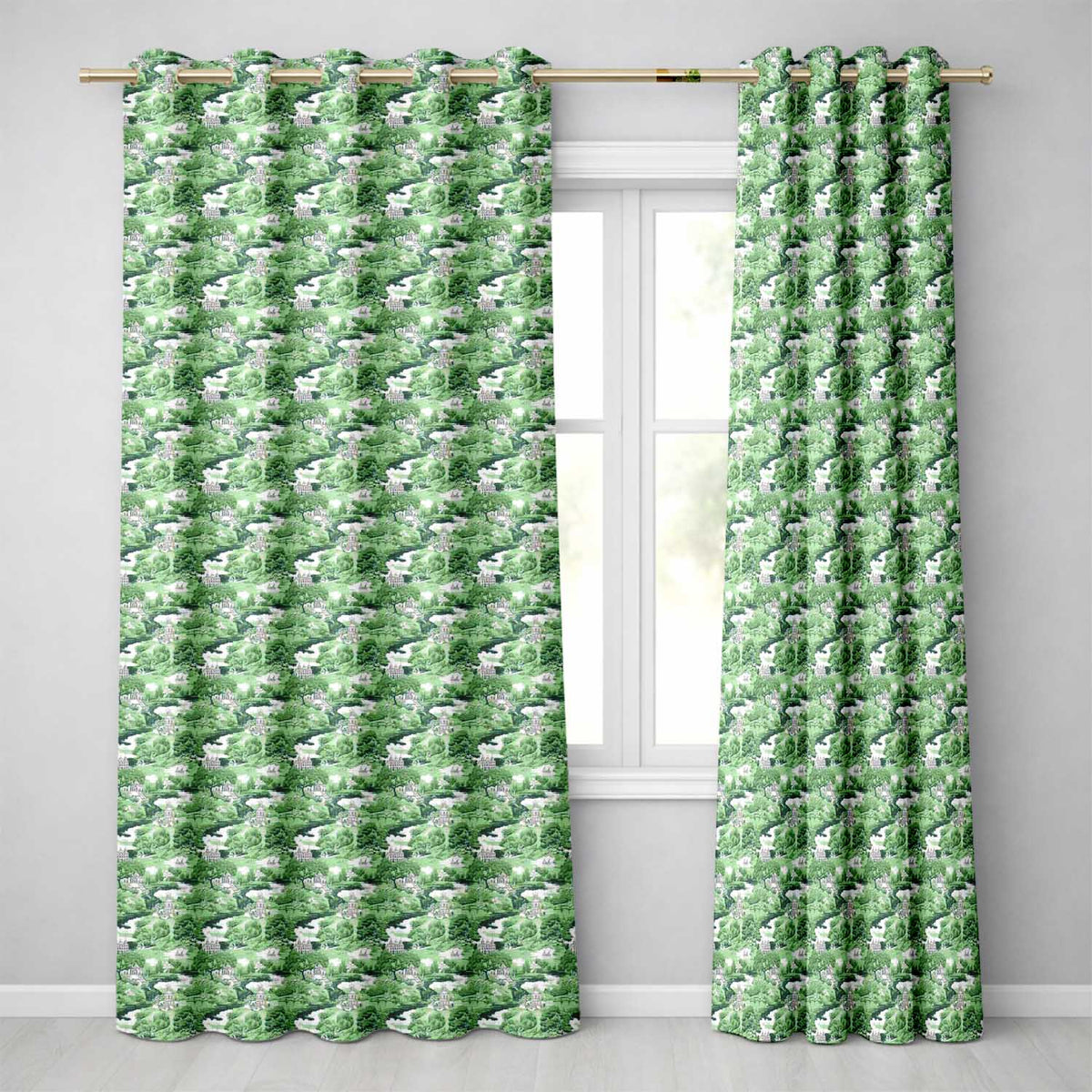 Bright Green Pastoral Hillside Village Scenic Toile Seamless Pattern  Readymade Eyelet Ring Top Thermal 100% Blackout Curtains