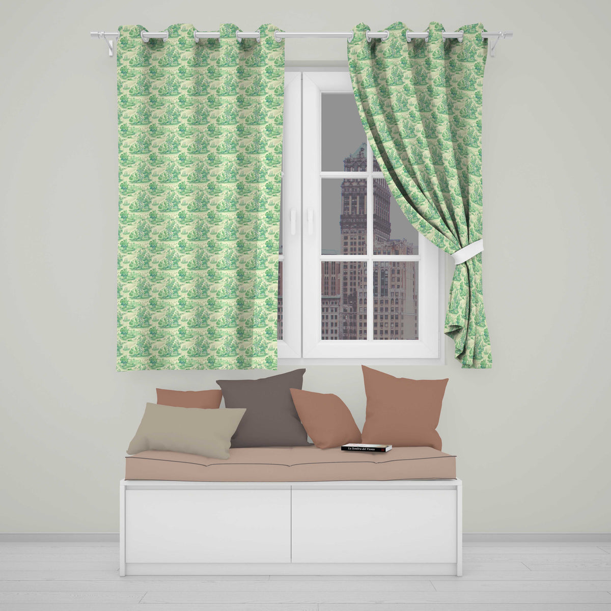 Vintage Coastal Village Ships and Trees Scenic Toile Seamless Pattern  Readymade Eyelet Ring Top Thermal 100% Blackout Curtains