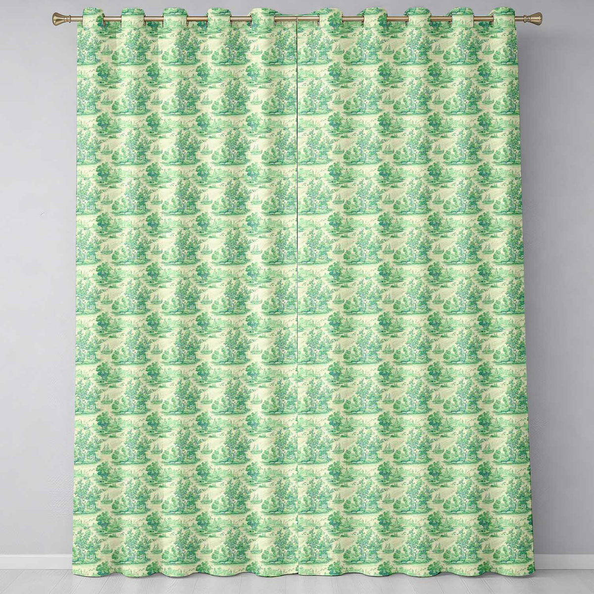 Vintage Coastal Village Ships and Trees Scenic Toile Seamless Pattern  Readymade Eyelet Ring Top Thermal 100% Blackout Curtains