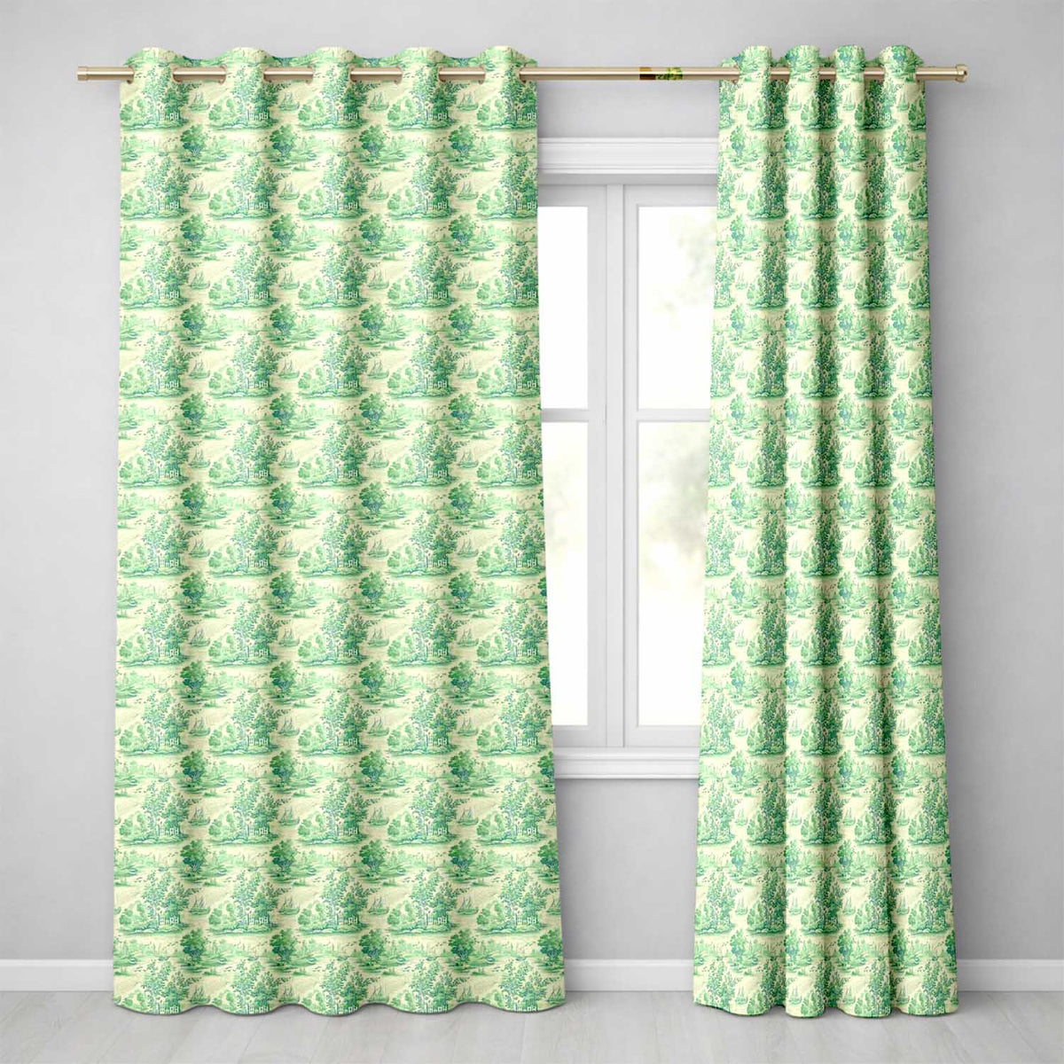 Vintage Coastal Village Ships and Trees Scenic Toile Seamless Pattern  Readymade Eyelet Ring Top Thermal 100% Blackout Curtains