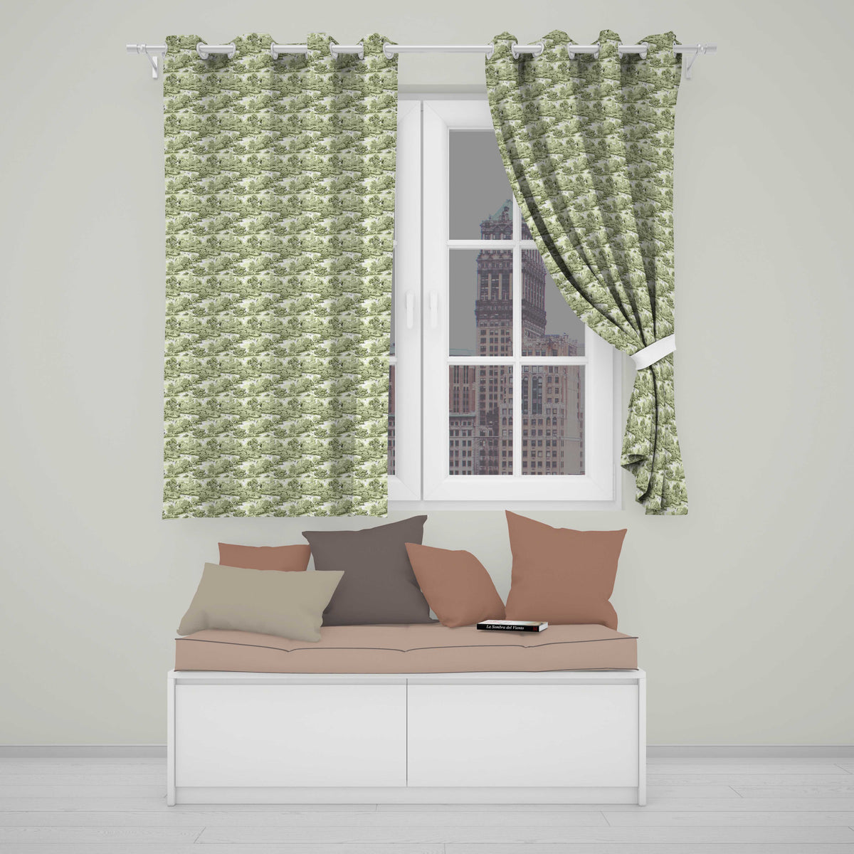 Classic Beige Green Countryside River Village Toile Seamless Pattern  Readymade Eyelet Ring Top Thermal 100% Blackout Curtains