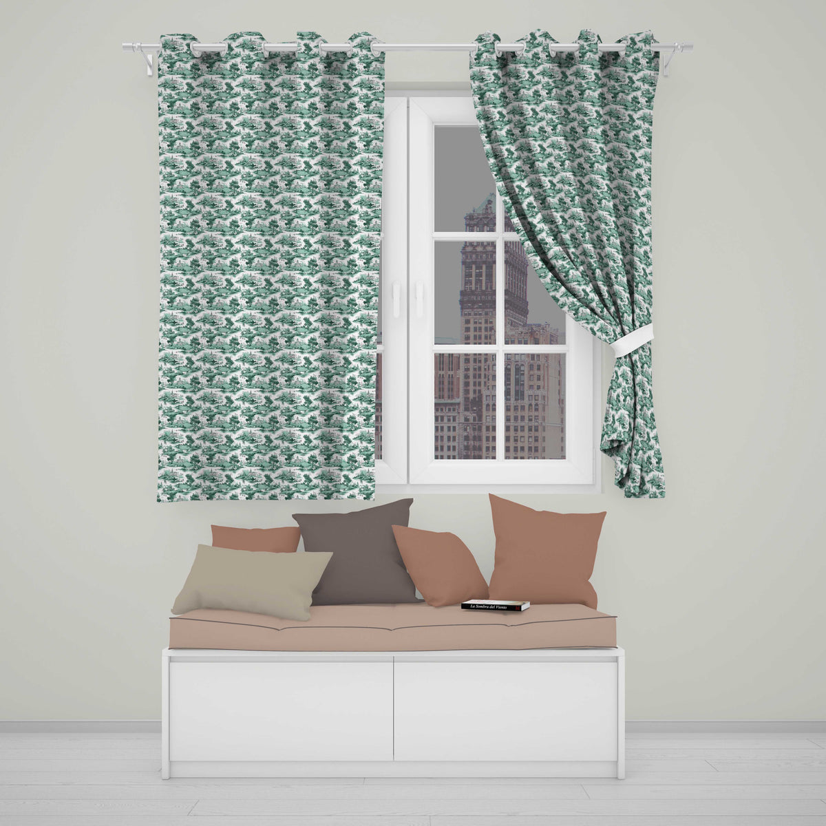 Soft Green Countryside River Village Scenic Toile Seamless Pattern  Readymade Eyelet Ring Top Thermal 100% Blackout Curtains