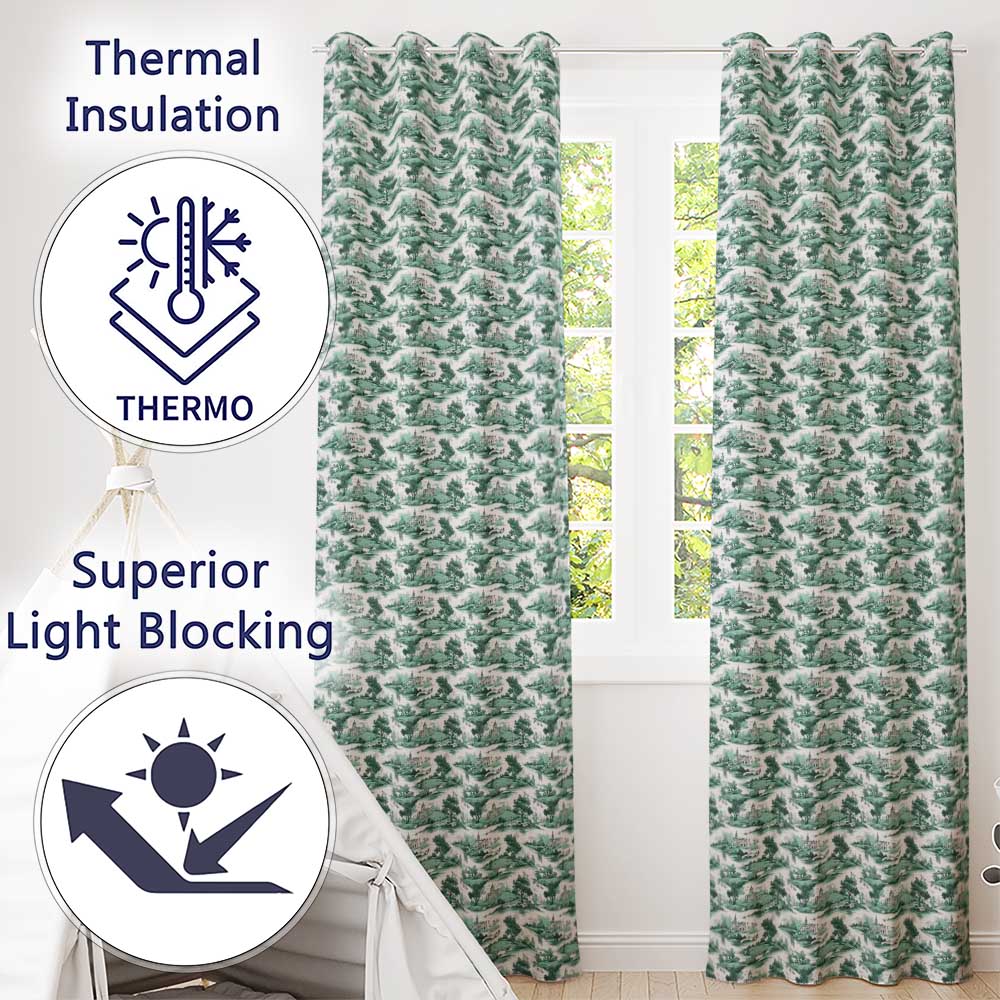 Soft Green Countryside River Village Scenic Toile Seamless Pattern  Readymade Eyelet Ring Top Thermal 100% Blackout Curtains