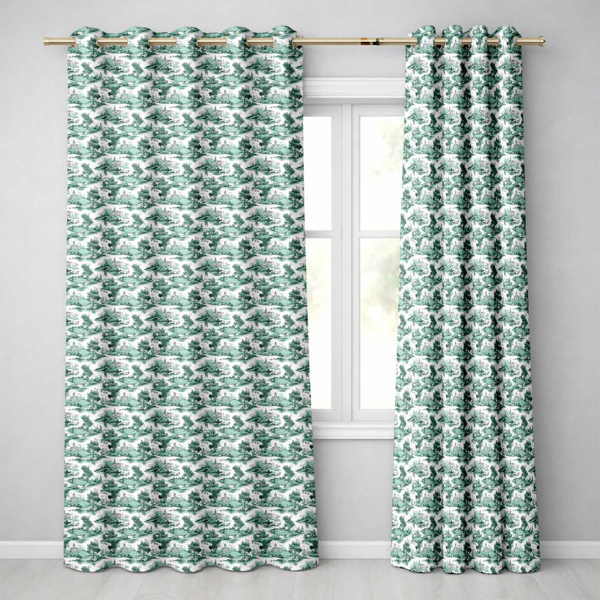 Soft Green Countryside River Village Scenic Toile Seamless Pattern  Readymade Eyelet Ring Top Thermal 100% Blackout Curtains