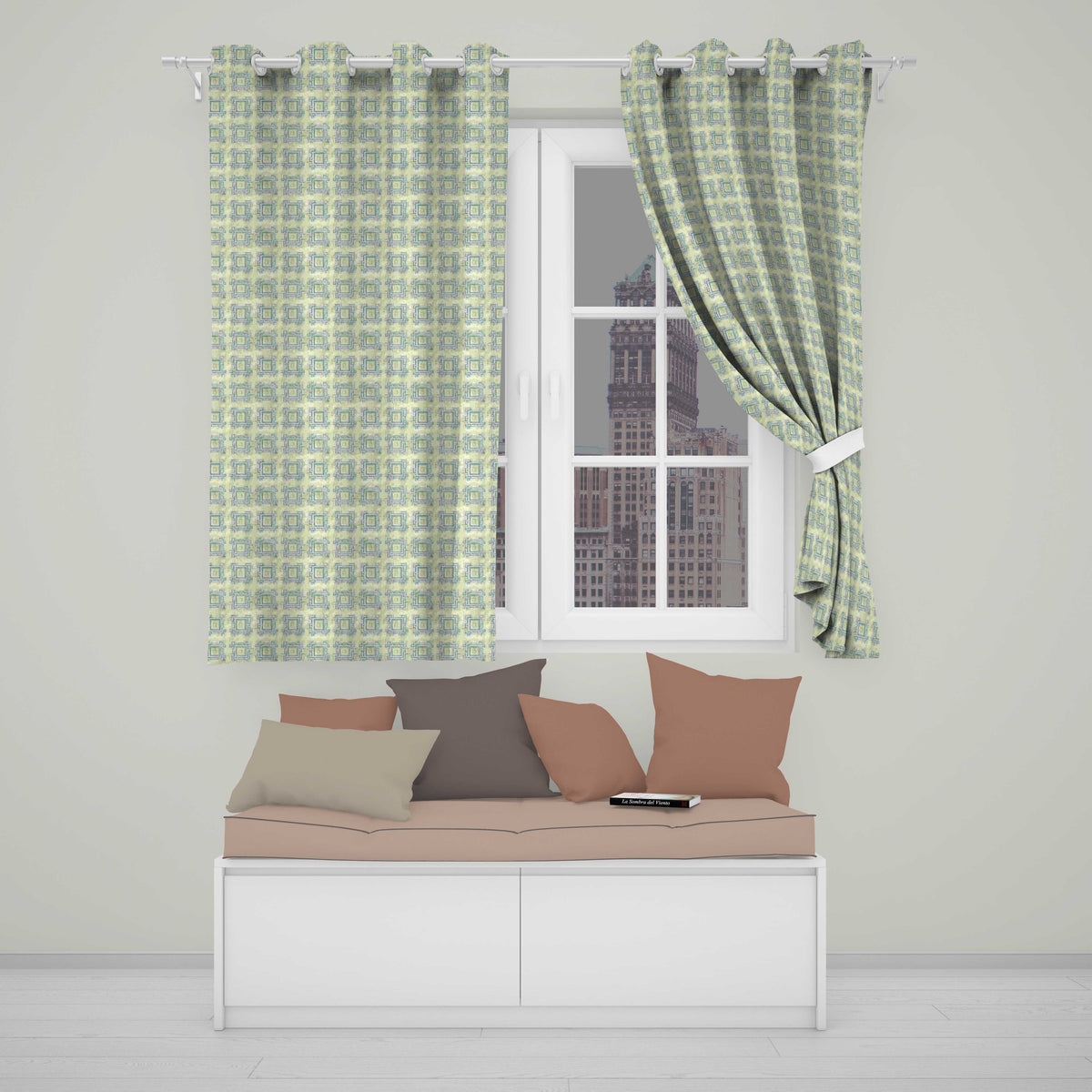 Soft Aqua Grey Square Tribal Geometric Seamless Pattern  Readymade Eyelet Ring Top Thermal 100% Blackout Curtains