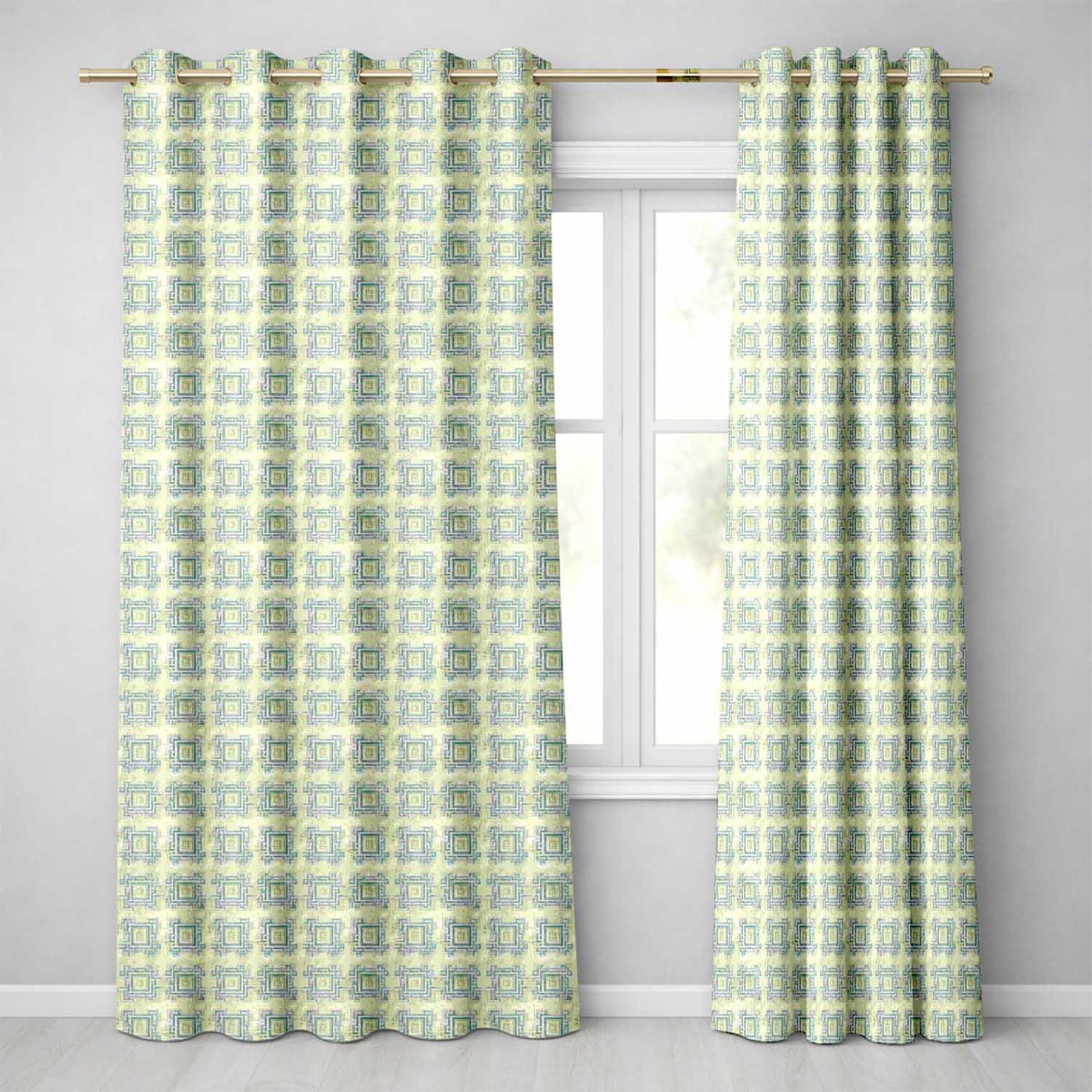 Soft Aqua Grey Square Tribal Geometric Seamless Pattern  Readymade Eyelet Ring Top Thermal 100% Blackout Curtains