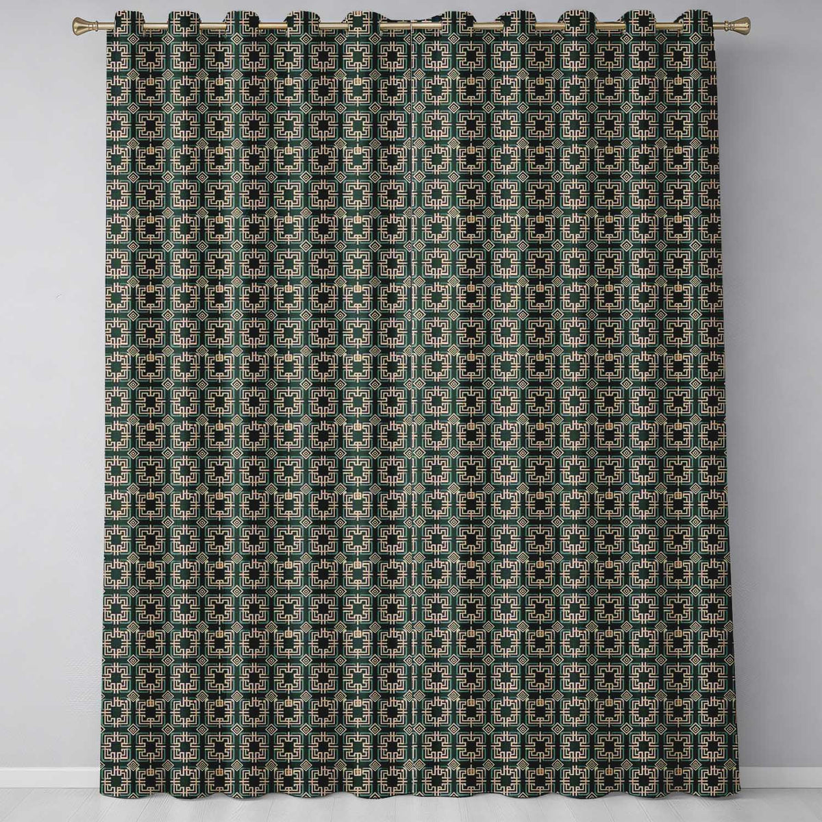 Teal Beige Art Deco Geometric Square Seamless Pattern  Readymade Eyelet Ring Top Thermal 100% Blackout Curtains