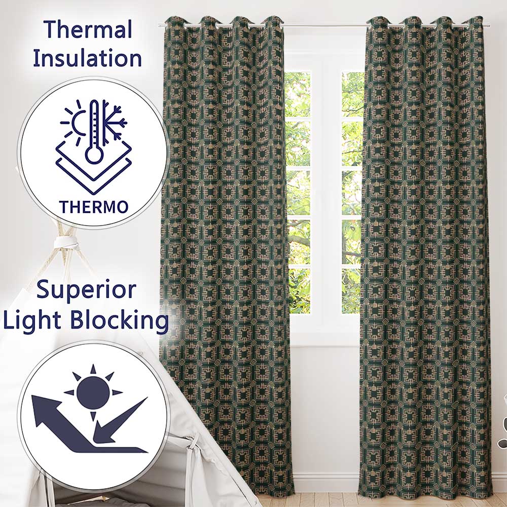 Teal Beige Art Deco Geometric Square Seamless Pattern  Readymade Eyelet Ring Top Thermal 100% Blackout Curtains