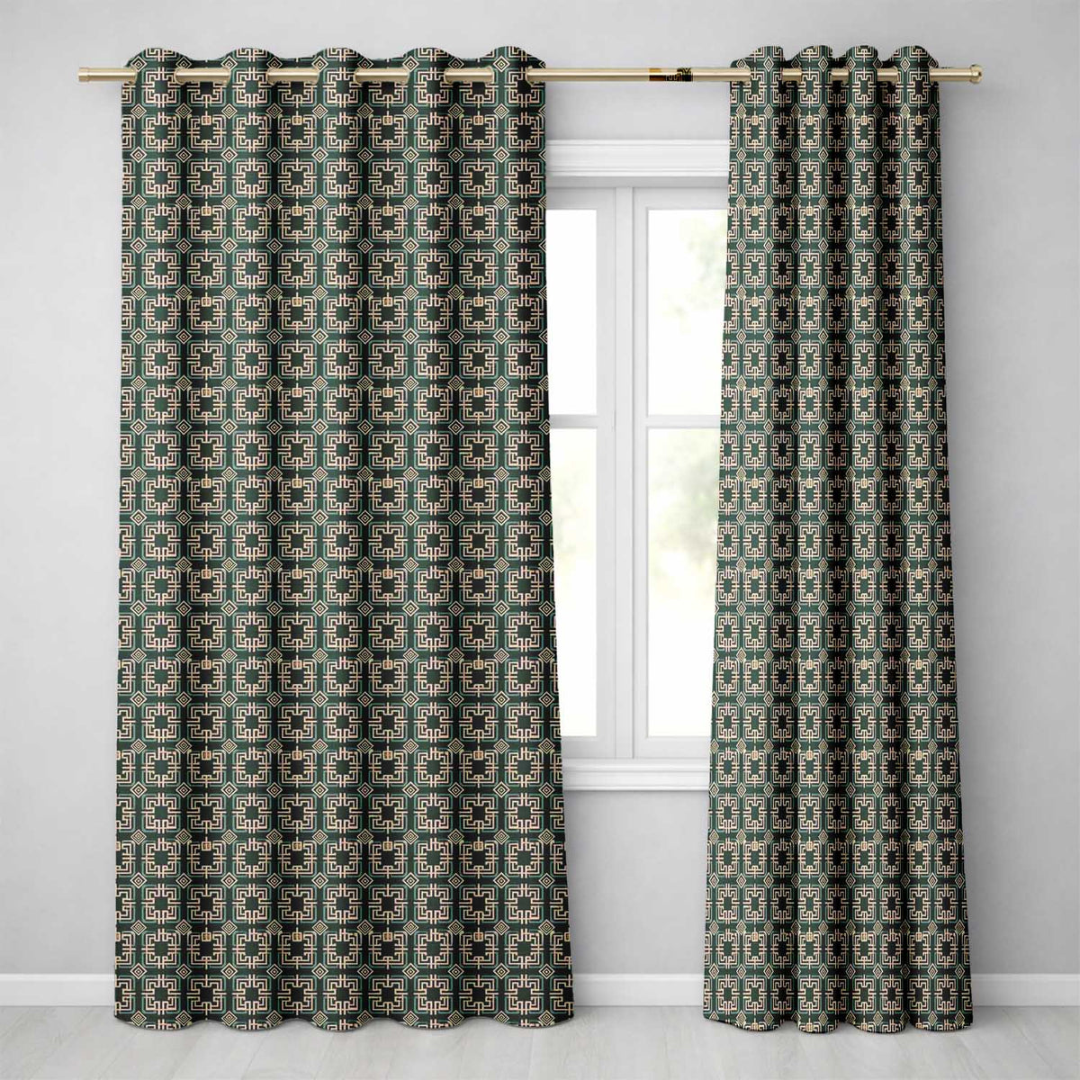 Teal Beige Art Deco Geometric Square Seamless Pattern  Readymade Eyelet Ring Top Thermal 100% Blackout Curtains