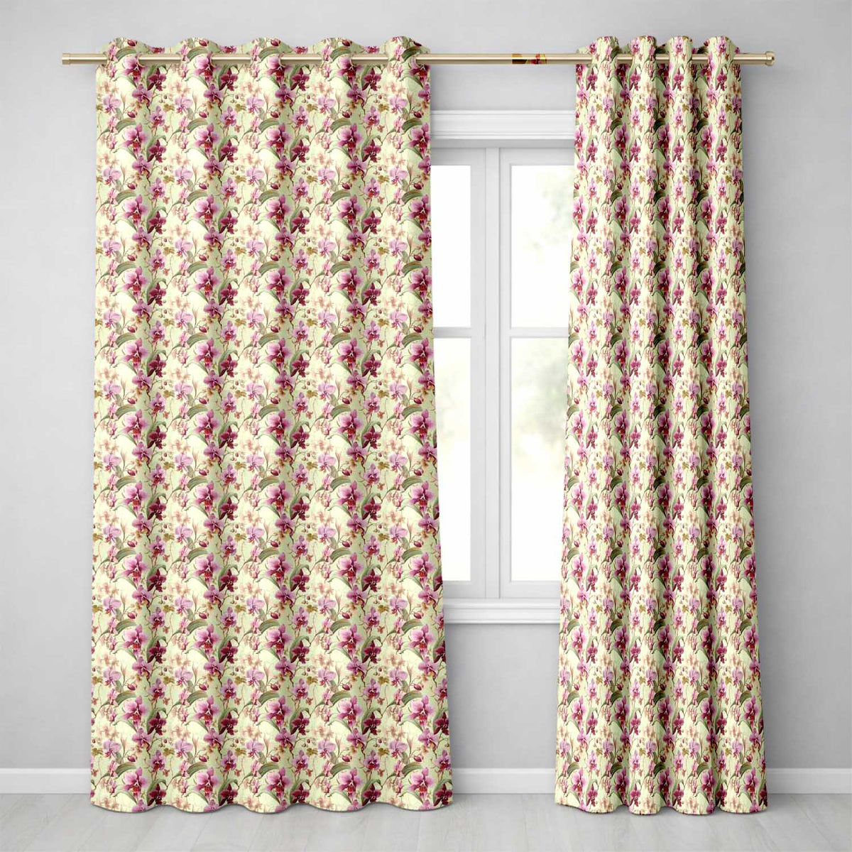 Elegant Pink Orchid Floral Vintage Beige Seamless Pattern  Readymade Eyelet Ring Top Thermal 100% Blackout Curtains