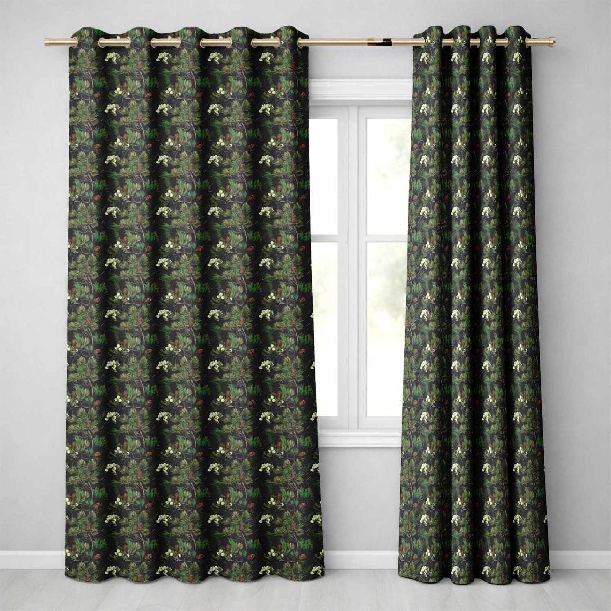 Tall Evergreen Pine Trees Woodland Scenic Seamless Pattern  Readymade Eyelet Ring Top Thermal 100% Blackout Curtains