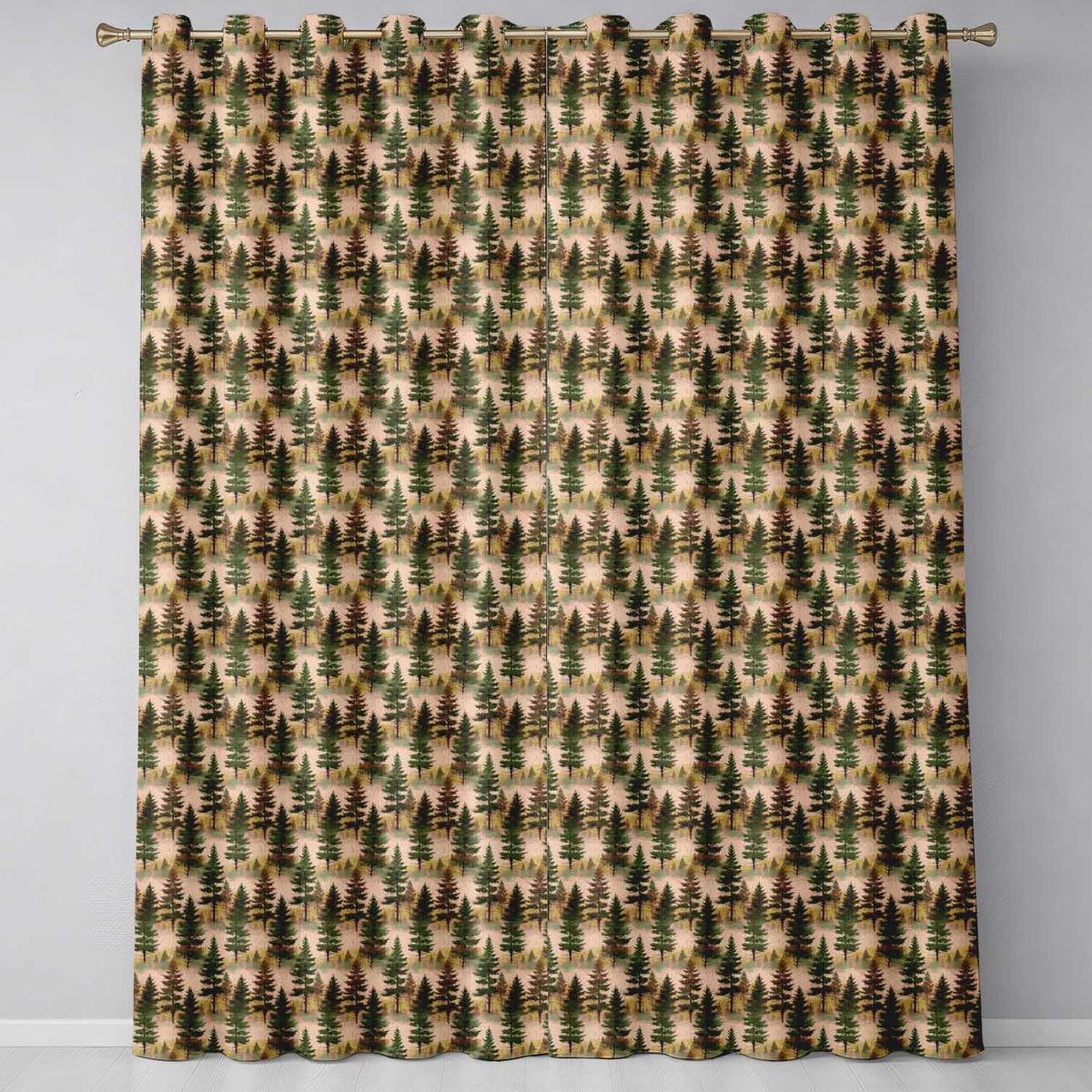 Watercolor Pine Woodland Nature Seamless Pattern  Readymade Eyelet Ring Top Thermal 100% Blackout Curtains