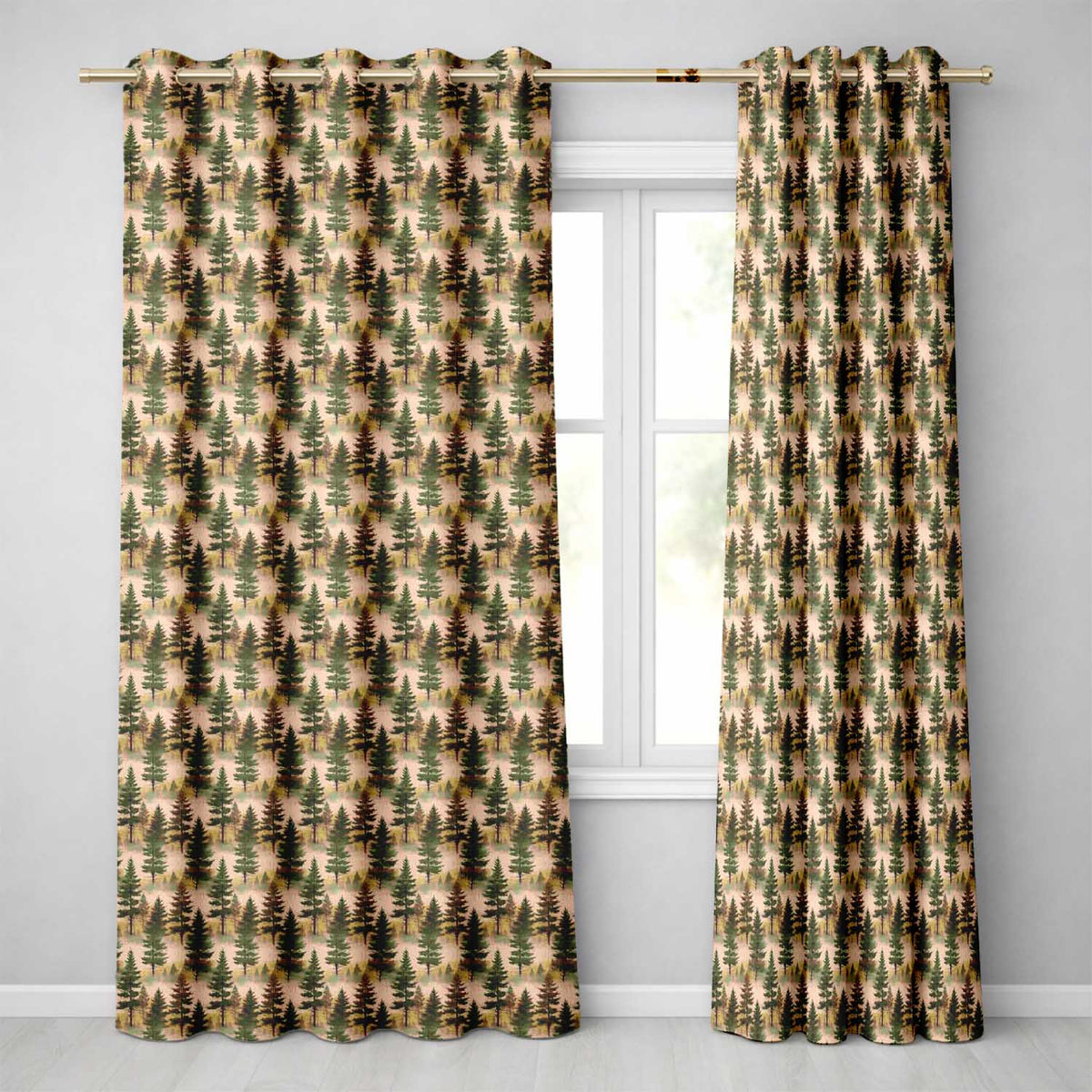 Watercolor Pine Woodland Nature Seamless Pattern  Readymade Eyelet Ring Top Thermal 100% Blackout Curtains
