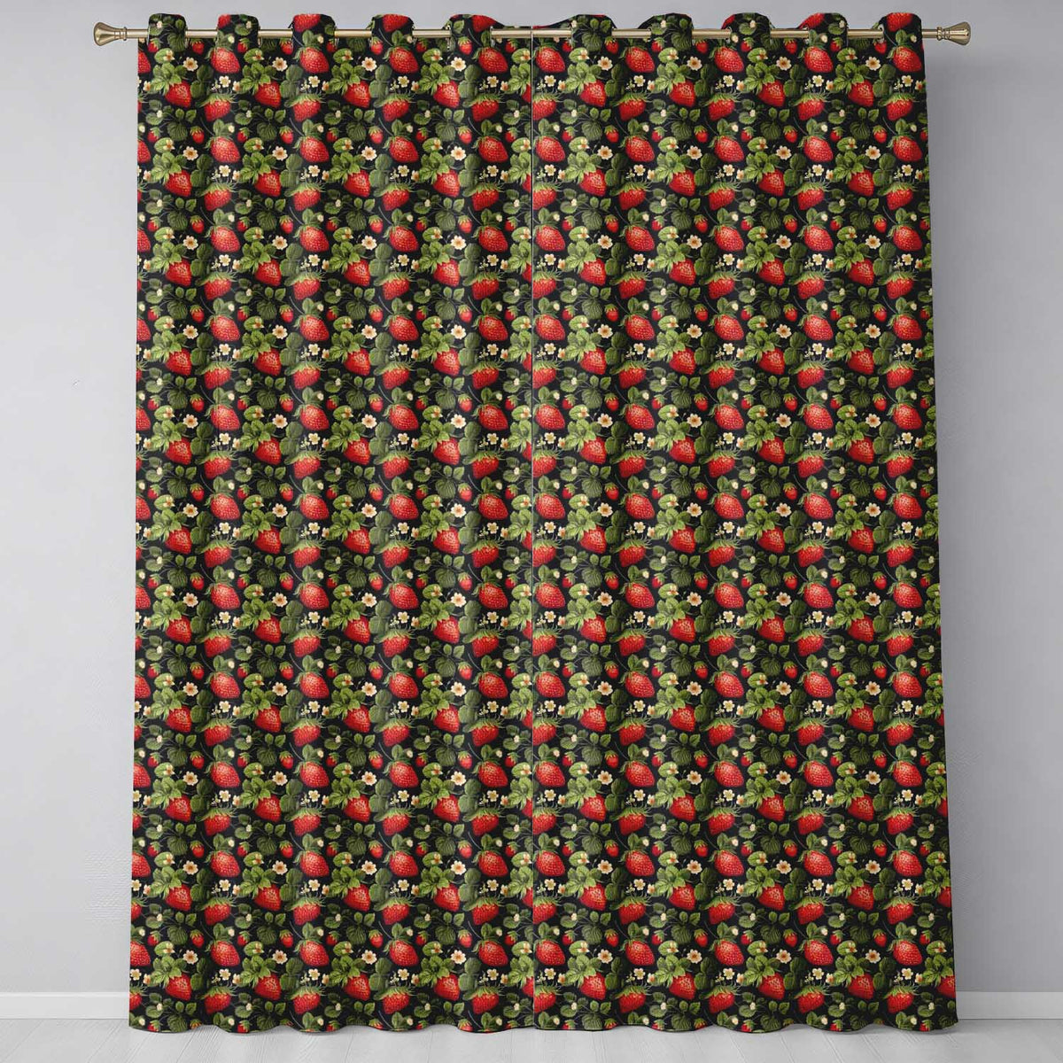 Wild Strawberry Fruit Floral Dark Background Seamless Pattern  Readymade Eyelet Ring Top Thermal 100% Blackout Curtains