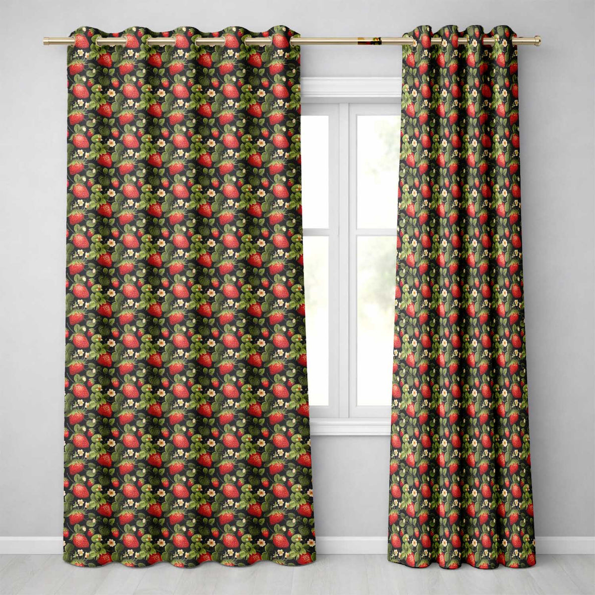 Wild Strawberry Fruit Floral Dark Background Seamless Pattern  Readymade Eyelet Ring Top Thermal 100% Blackout Curtains